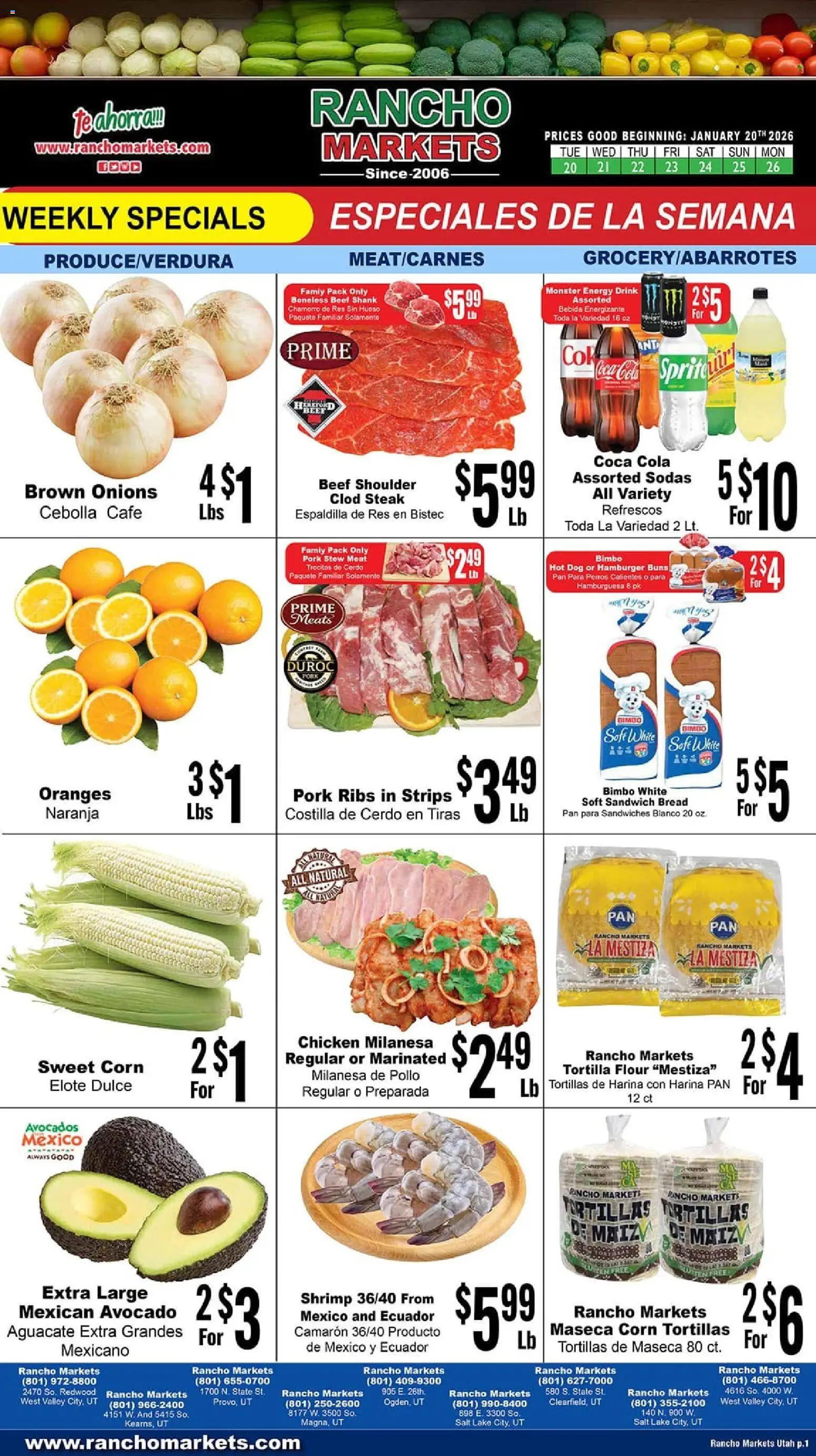 Ad Preview of Rancho Markets Weekly Ad from 01/20/2026 - Hamburger, Bread, Meat, Salt, Energy drink, Tortillas, Beef shank, Chicken