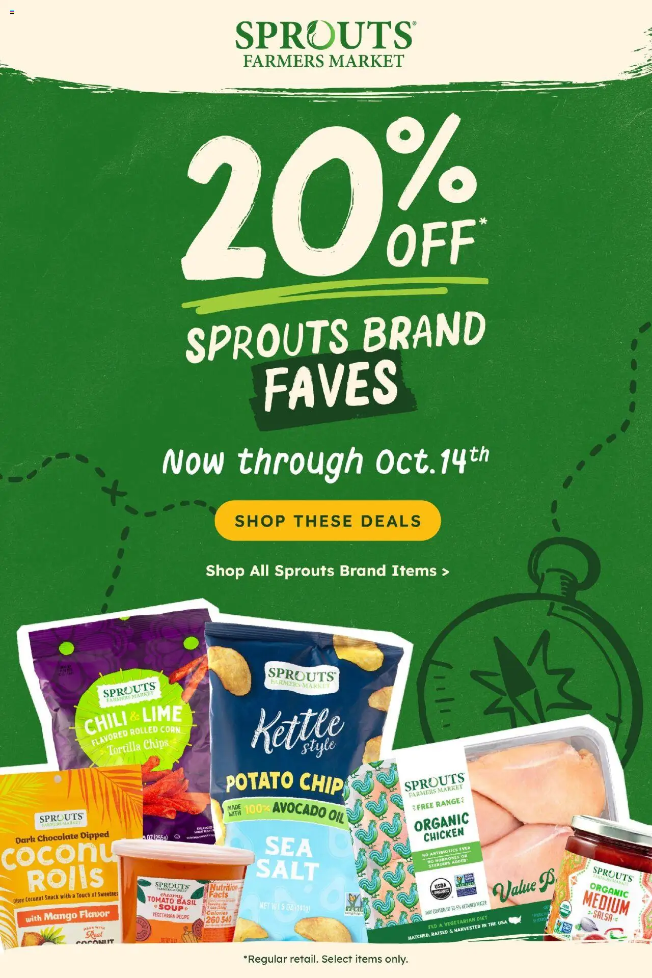 Sprouts Weekly Ad from 10/08/2025 - Flyer - Page number 1 - Mango, Corn, Salt, Coconut, Lime, Avocado oil, Tortilla chips, Chicken