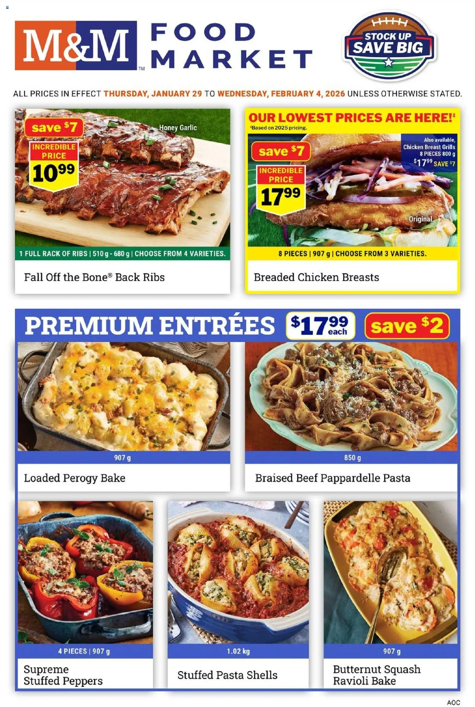 Preview of leaflet Weekly flyer / circulaire from shop M&M Food Market is valid from Jan 29, 2026 - Food, Chicken, Pasta, Honey, Beef, Chicken breasts, Garlic, Chicken breast
