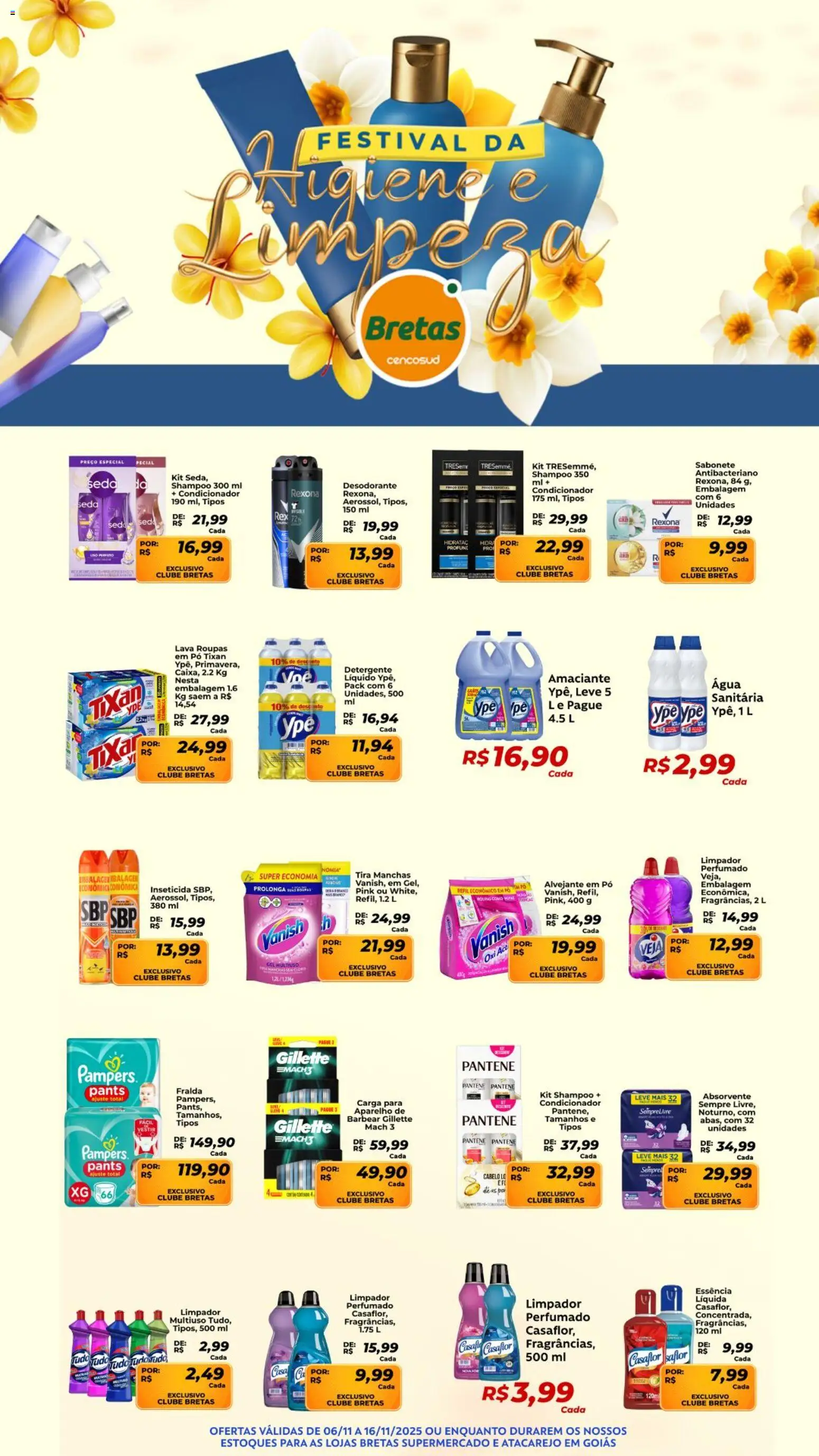 Pré-Visualização do folheto "Ofertas Higiene e Limpeza" da loja Bretas válido a partir de 06/11/2025 - Shampoo, Água, Detergente, Vanish, Rexona, Amaciante, Inseticida, Alvejante