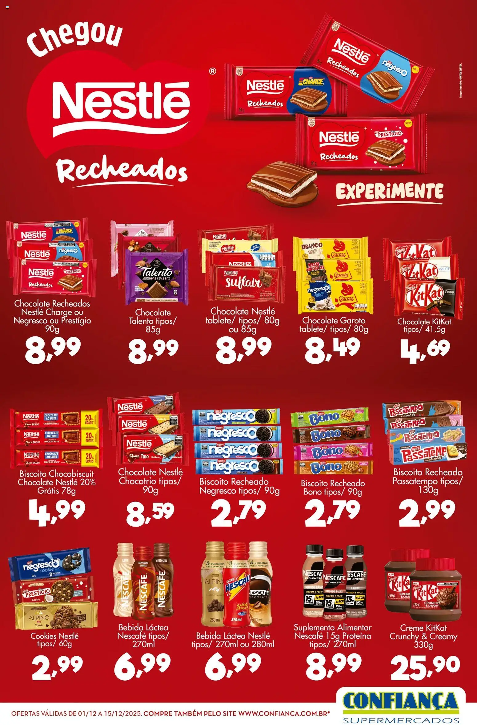 Pré-Visualização do folheto "Ofertas Nestlé" da loja Confiança válido a partir de 01/12/2025 - Chocolate, Biscoito, Canela, Proteína, Nescau, Creme, Amêndoas, Biscoito recheado
