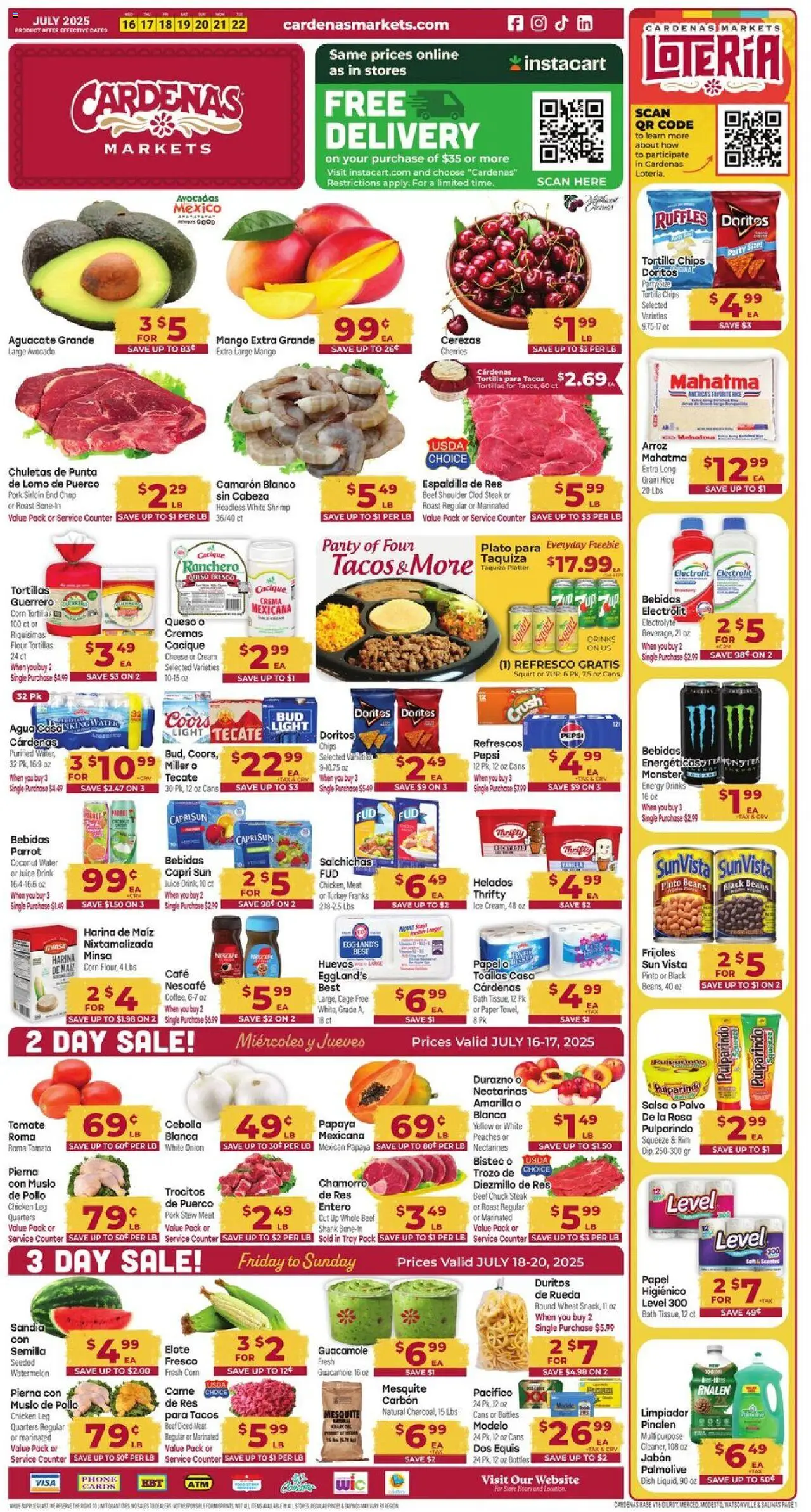 Cardenas Weekly Ad - CA from 07/16/2025 - Flyer - Page number 1 - Chicken, Juice, Pork, Beef, Tortillas, Ice, Beef chuck, Flour