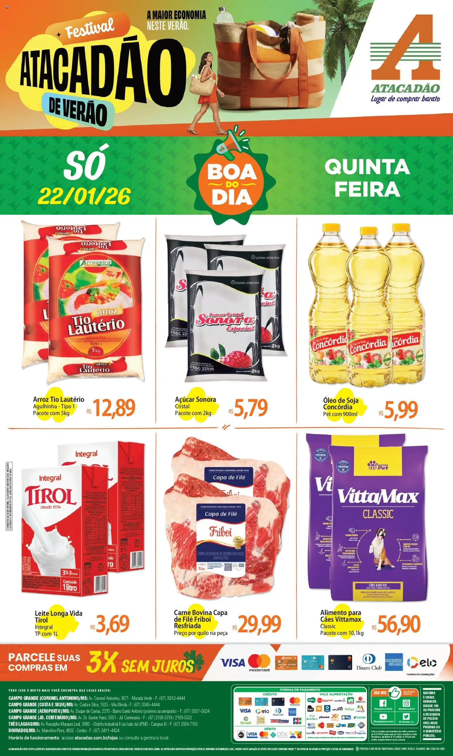 Pré-Visualização do folheto "Ofertas - MS" da loja Atacadão válido a partir de 22/01/2026 - Óleo, Pão, Arroz, Leite, Carne, Alimentos, Carne bovina, Leite longa vida