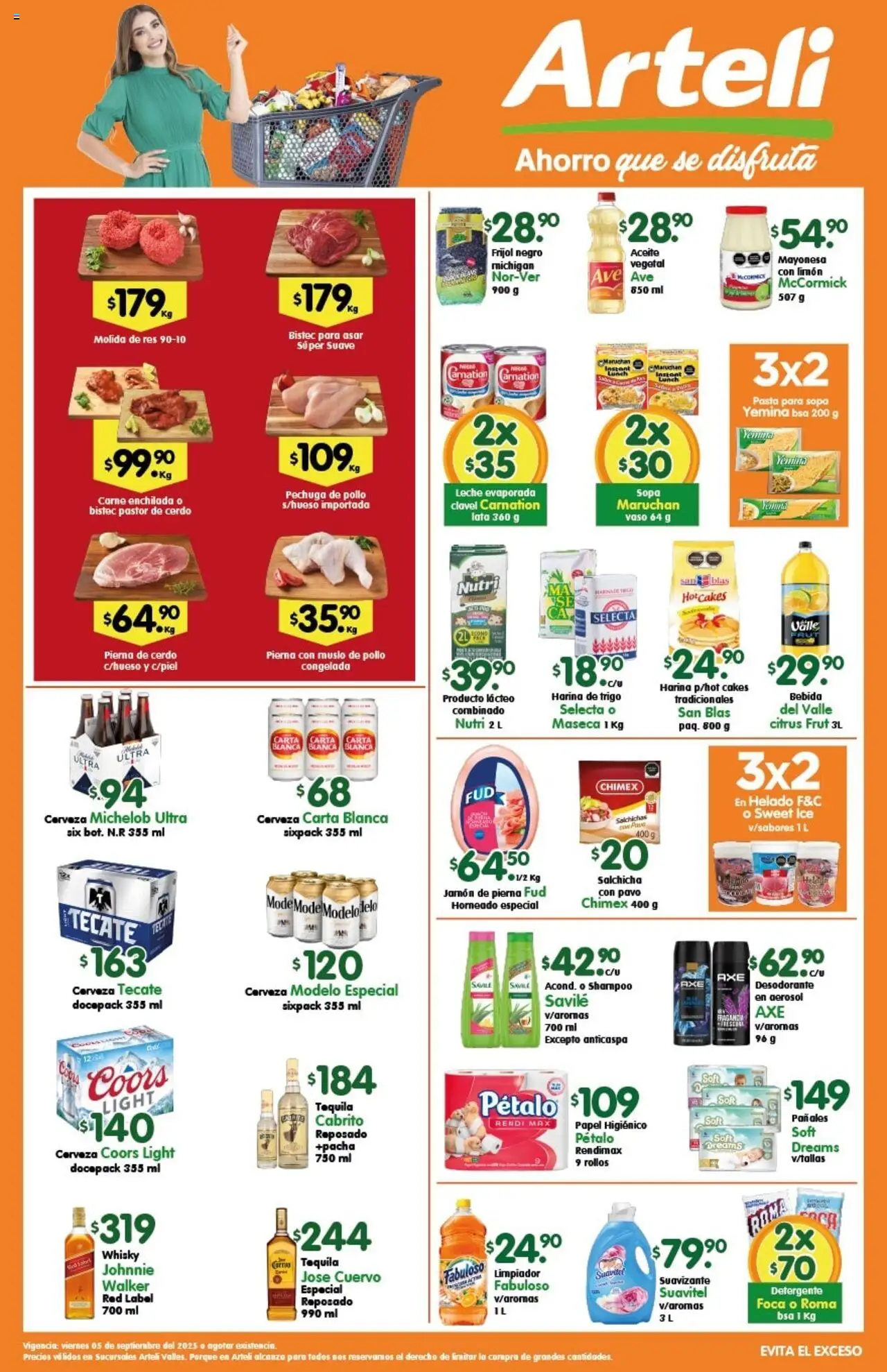 Folleto Valles Arteli y sus promociones válidas desde el 05/09/2025 - Número de página 1 - Cerveza, Shampoo, Desodorante, Pavo, Bistec, Salchicha, Res, Salchichas