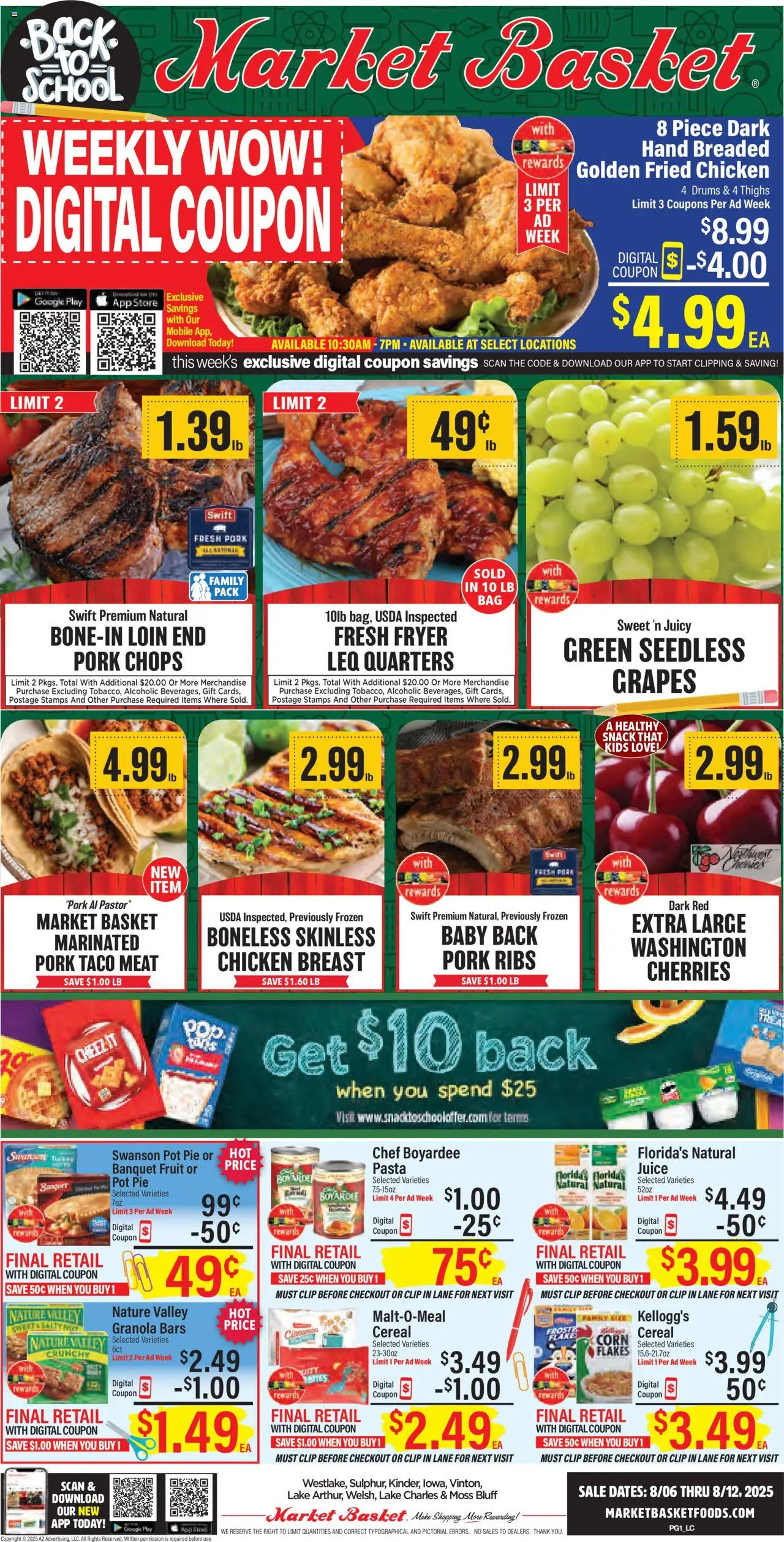 Market Basket Lake Charles from 08/06/2025 - Flyer - Page number 1 - Pasta, Cherries, Cereal, Corn, Basket, Clip, Flakes, Chicken