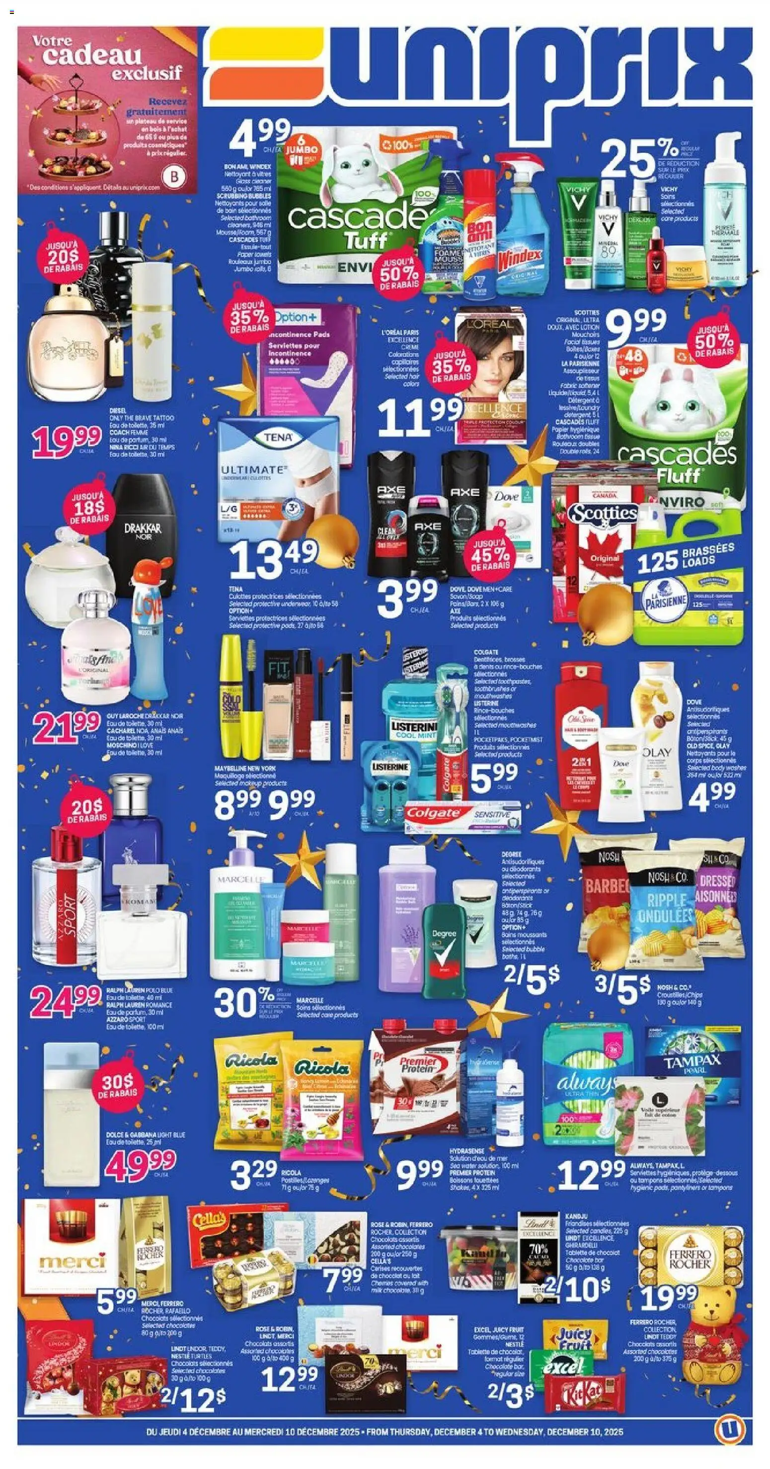 Preview of leaflet Weekly flyer / circulaire from shop Uniprix is valid from Dec 04, 2025 - Chocolat, Eau, Crème, Lait, Thé, Serviettes, Lessive, Boissons