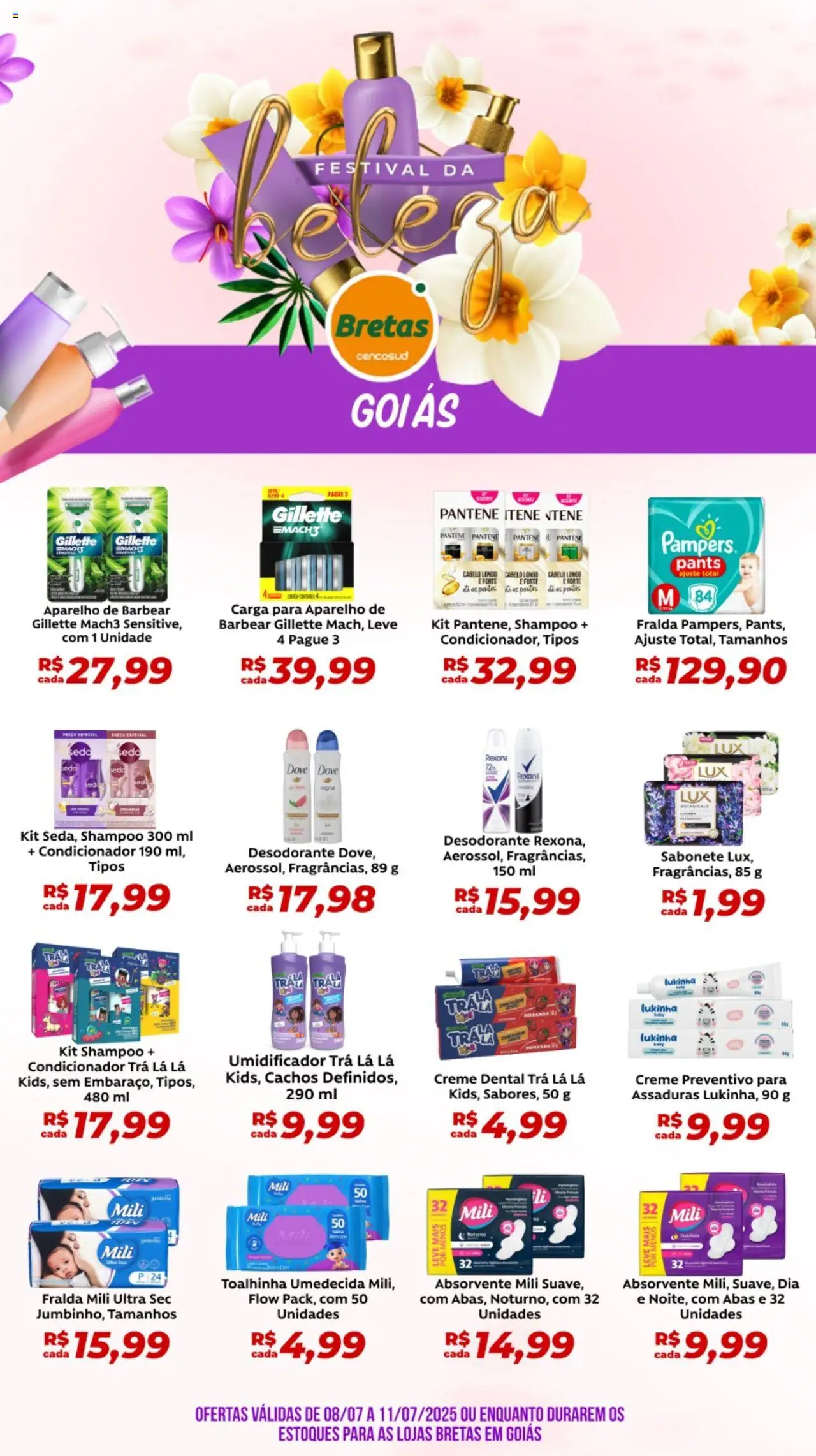 Bretas folheto "Ofertas da semana" válido a partir de 08/07/2025 - número de página 1 - Condicionador, Desodorante, Creme, Sabonete, Rexona, Dove, Creme dental, Absorvente