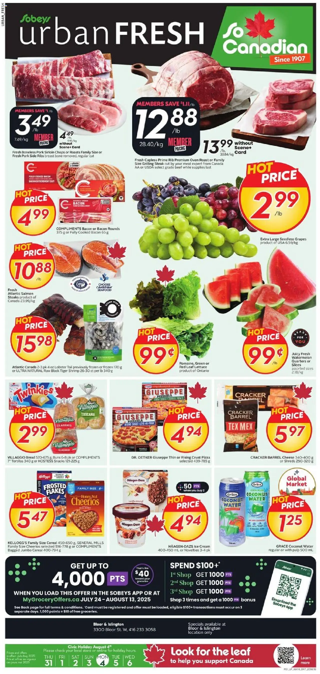 Sobeys flyer valid from Jul 31, 2025 - page number 1 - Water, Salmon, Watermelon, Bacon, Tortillas, Pork, Cream, Roast