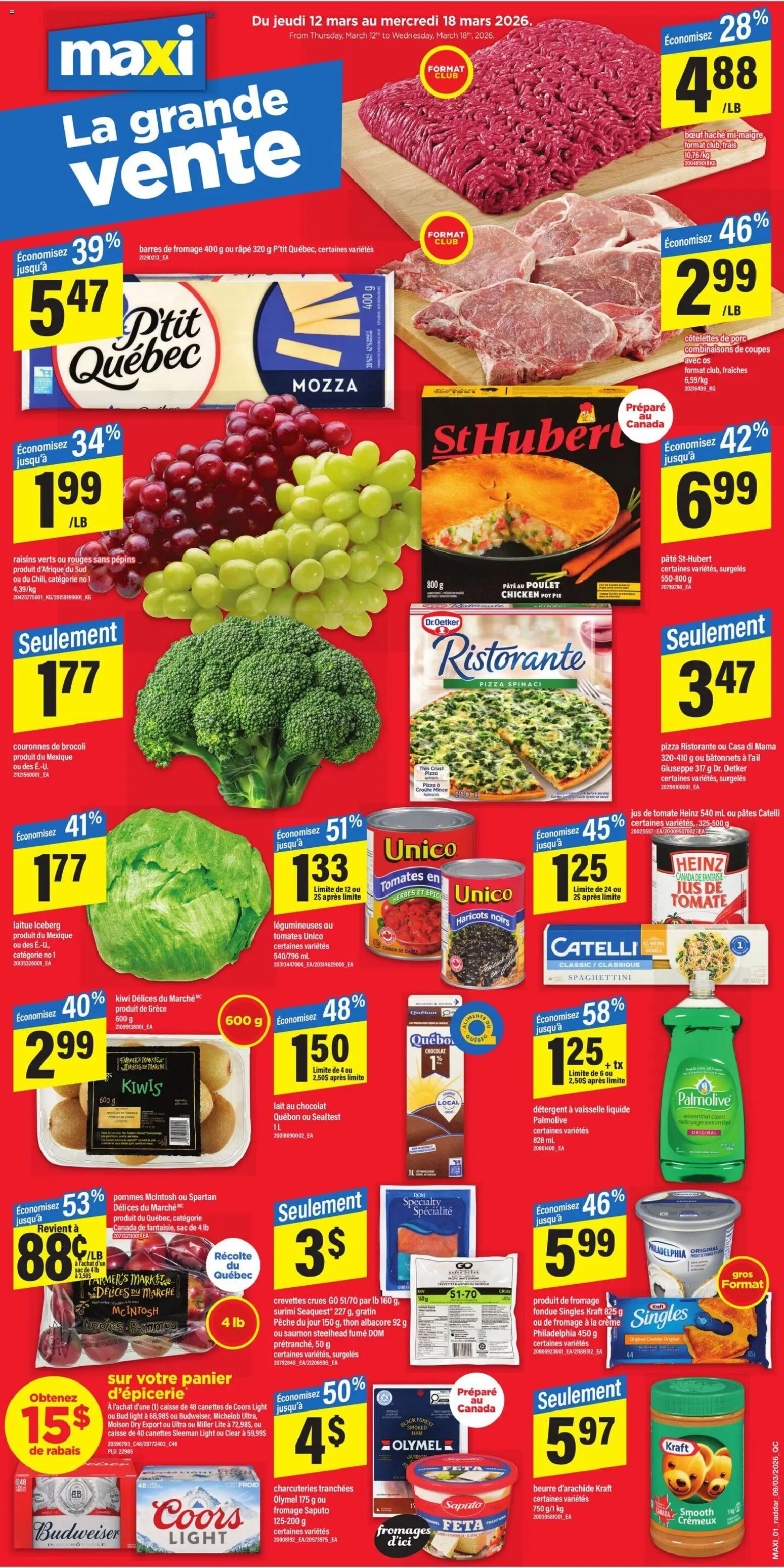 Preview of leaflet Maxi weekly flyer / circulaire from shop Maxi is valid from Mar 12, 2026 - Pizza, Chicken, Kiwi, Shrimp, Pâté, Raisins, Detergent, Cheddar