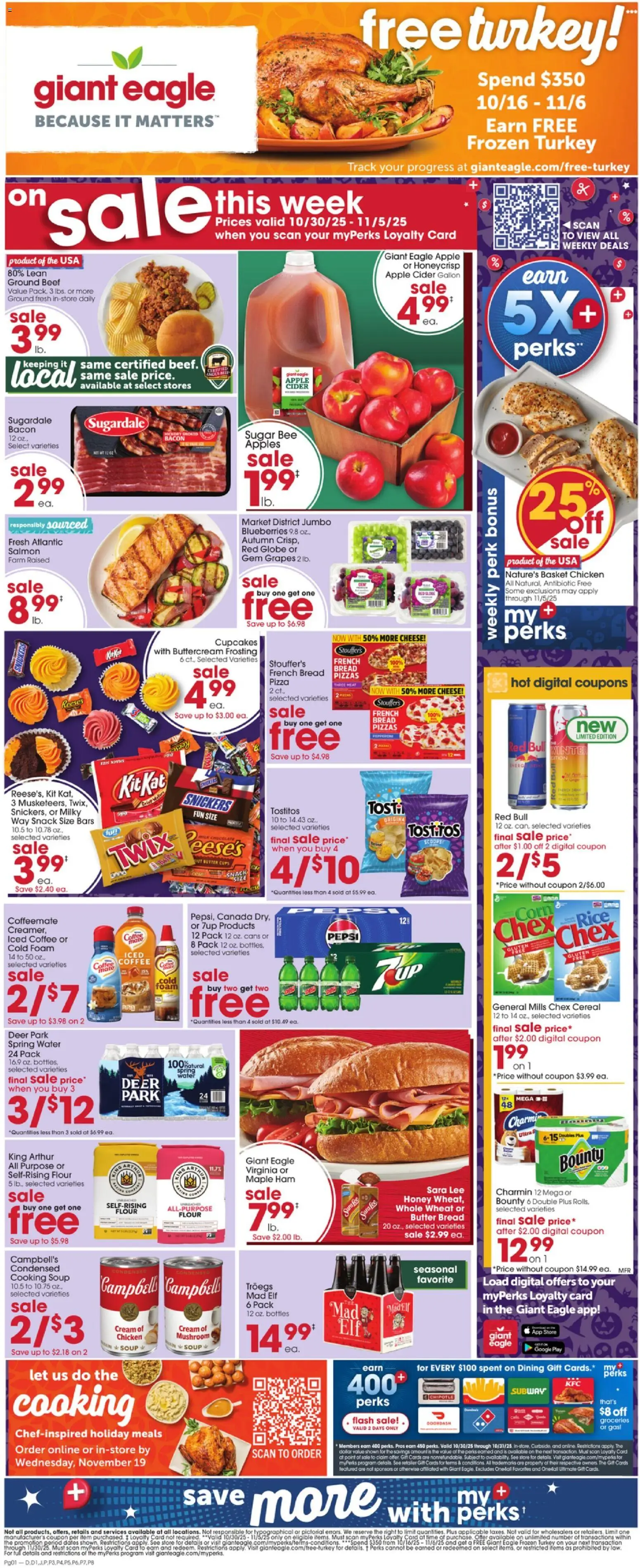 Ad Preview of Giant Eagle Weekly Ad from 10/30/2025 - Pizza, Bread, Blueberries, Meat, Sugar, Cream, Flour, Chicken