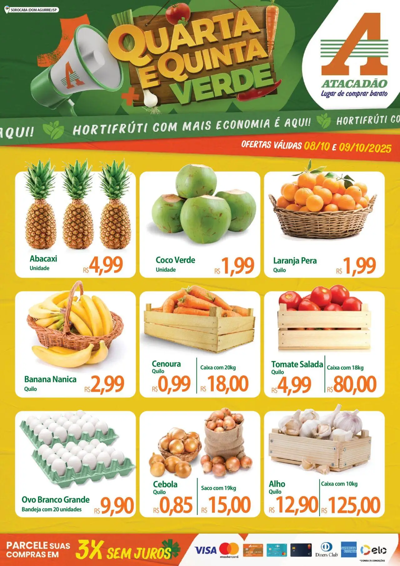 Pré-Visualização do folheto "Ofertas - SP" da loja Atacadão válido a partir de 08/10/2025 - Abacaxi, Pera, Tomate, Cenoura, Salada, Cebola, Bandeja, Alho