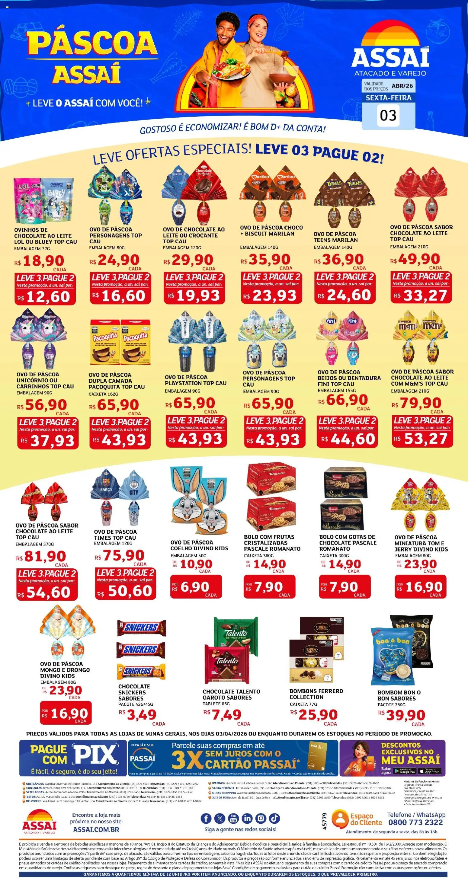 Pré-Visualização do folheto "Assaí Atacadista ofertas - MG" da loja Assaí Atacadista válido a partir de 03/04/2026 - Ovo de páscoa, Bolo, Telefone, Chocolate, Frutas, Bebidas, Pneus, Bebida