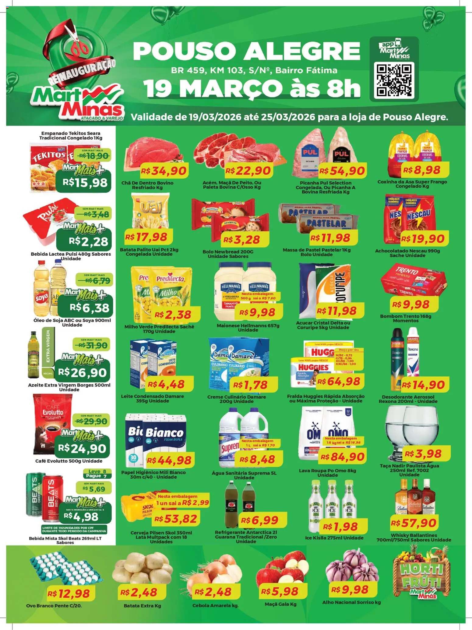 Pré-Visualização do folheto "Mart Minas ofertas Reinauguracao" da loja Mart Minas válido a partir de 19/03/2026 - Leite condensado, Maionese, Milho, Rexona, Água sanitária, Guaraná, Milho verde, Açúcar cristal