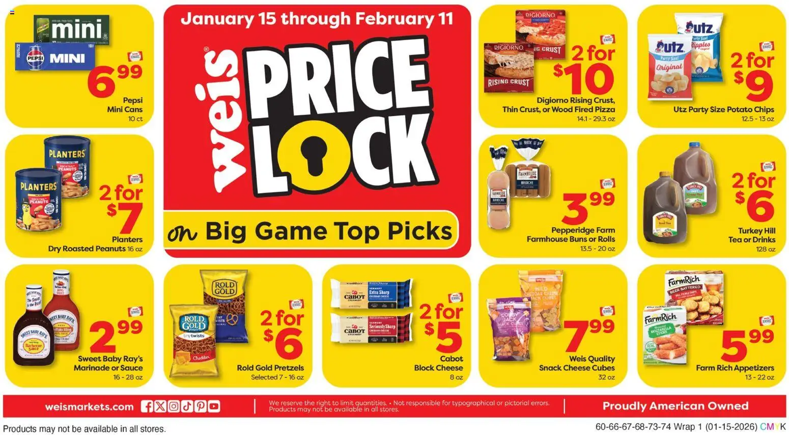 Ad Preview of Weis Weekly Circular - MD from 01/15/2026 - Game, Turkey, Beer, Tea, Pepsi, Peanuts, Potato chips, Brioche