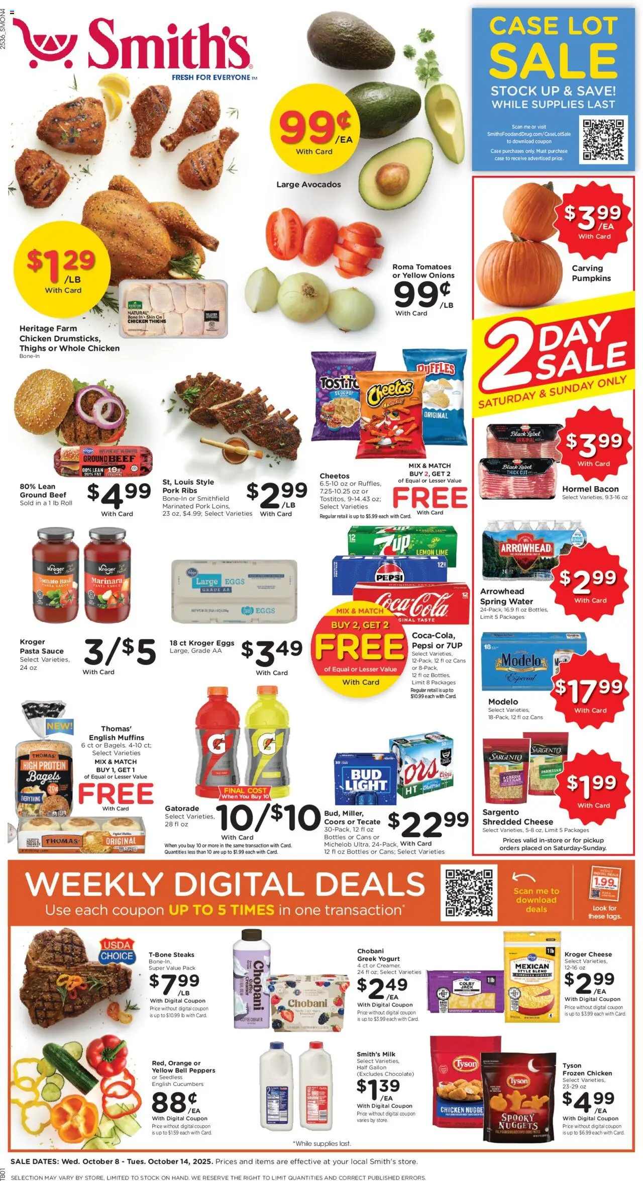 Ad Preview of Smith's Weekly Ad from 10/08/2025 - Coffee, Chocolate, Protein, Tomato, Lemon, Peppers, Bacon, Beef