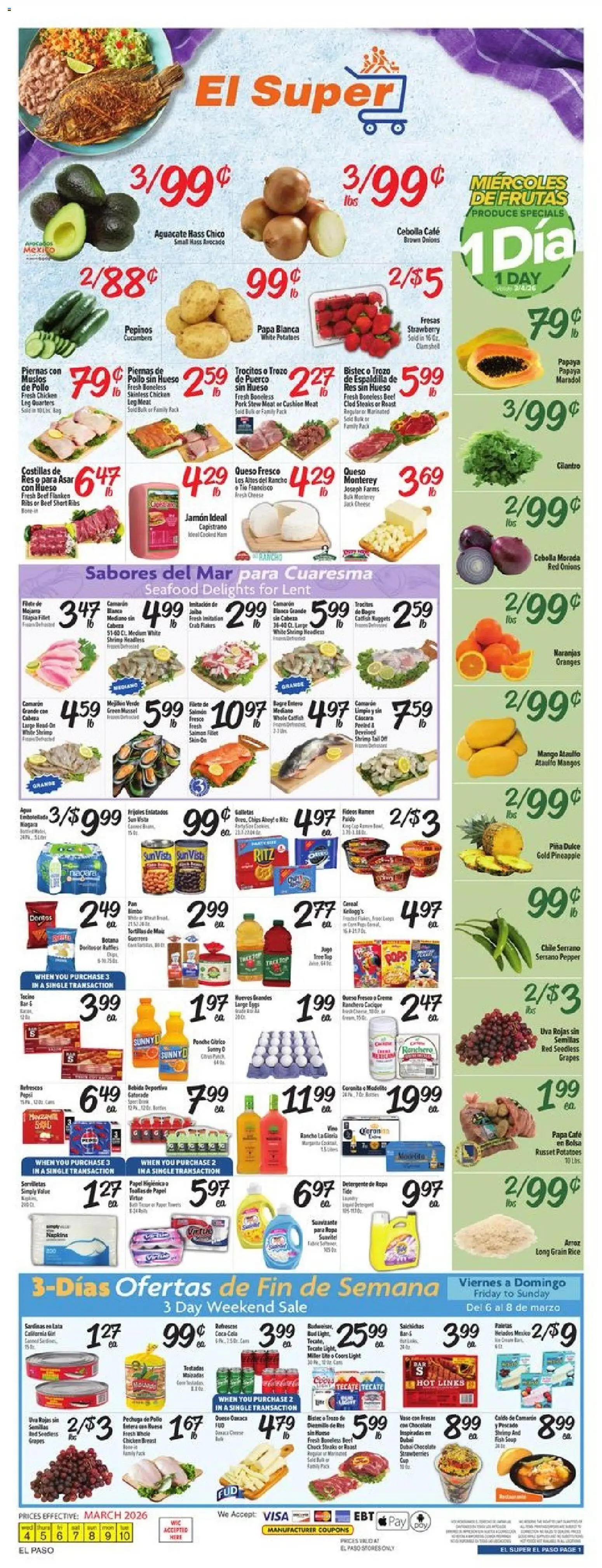 Ad Preview of El Super El Super Weekly Ad - TX from 03/04/2026 - Seafood, Potatoes, Shrimp, Rice, Pepper, Grapes, Beef, Cushion