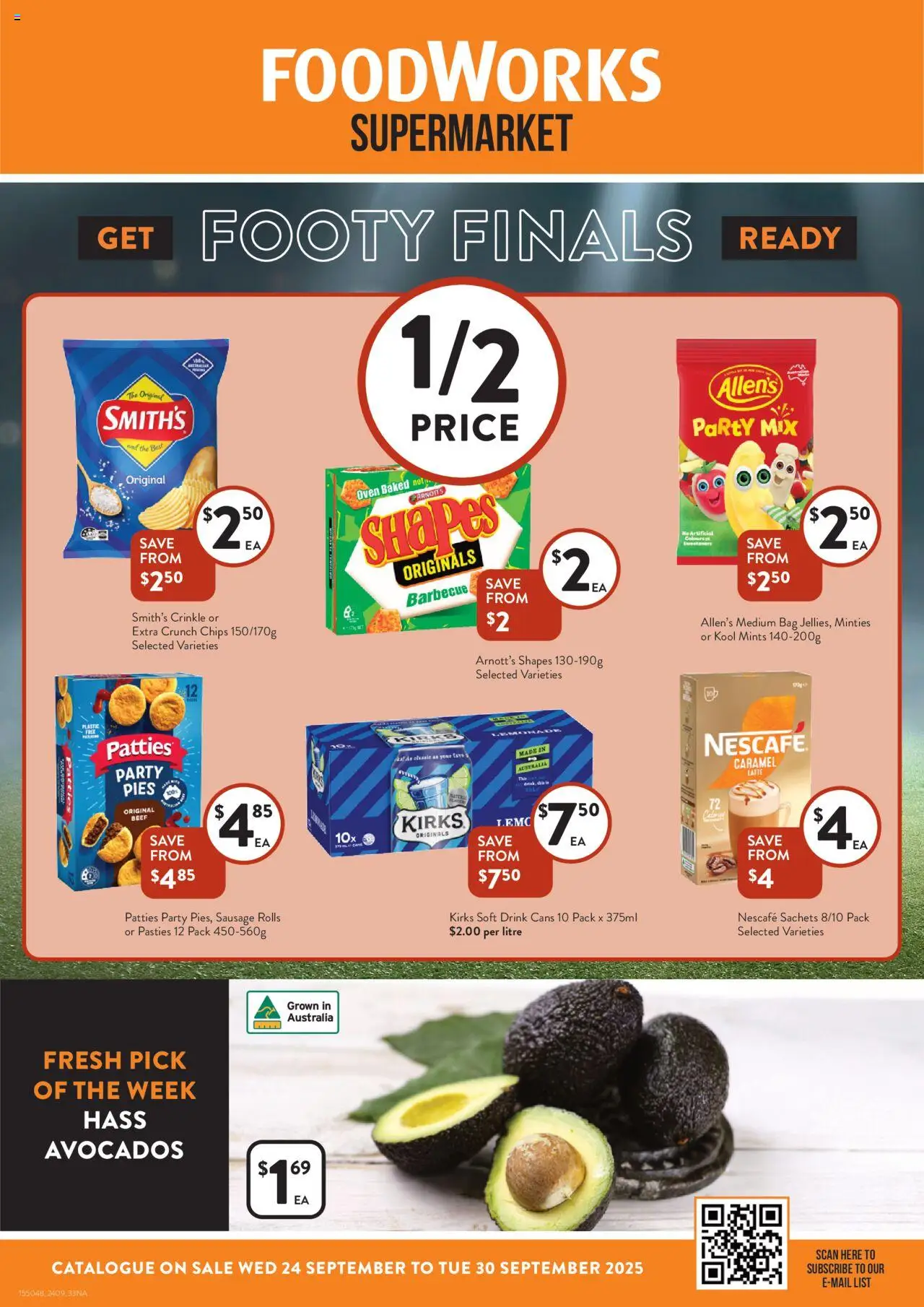 Foodworks catalogue valid from 24/09/2025 - page 1 - Beef, Chips, Sachets, Sausage, Pies, Nescafe, Bag, Oven
