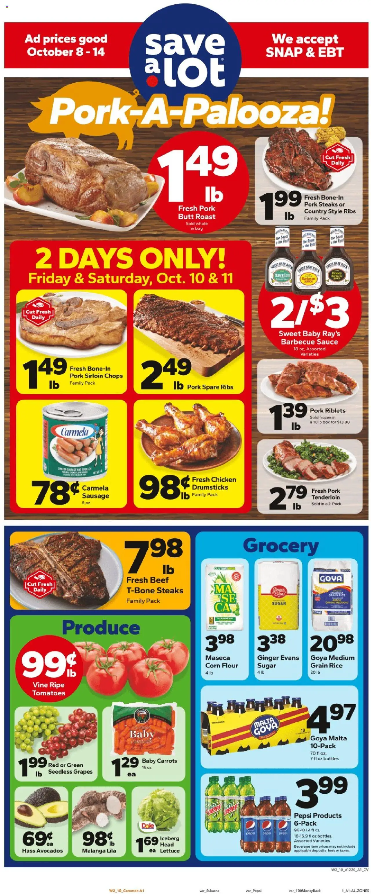 Save a Lot Weekly Ad from 10/08/2025 - Flyer - Page number 1 - Pepsi, Sugar, Sausage, Grapes, Lettuce, Sauce, Seedless grapes, Chicken