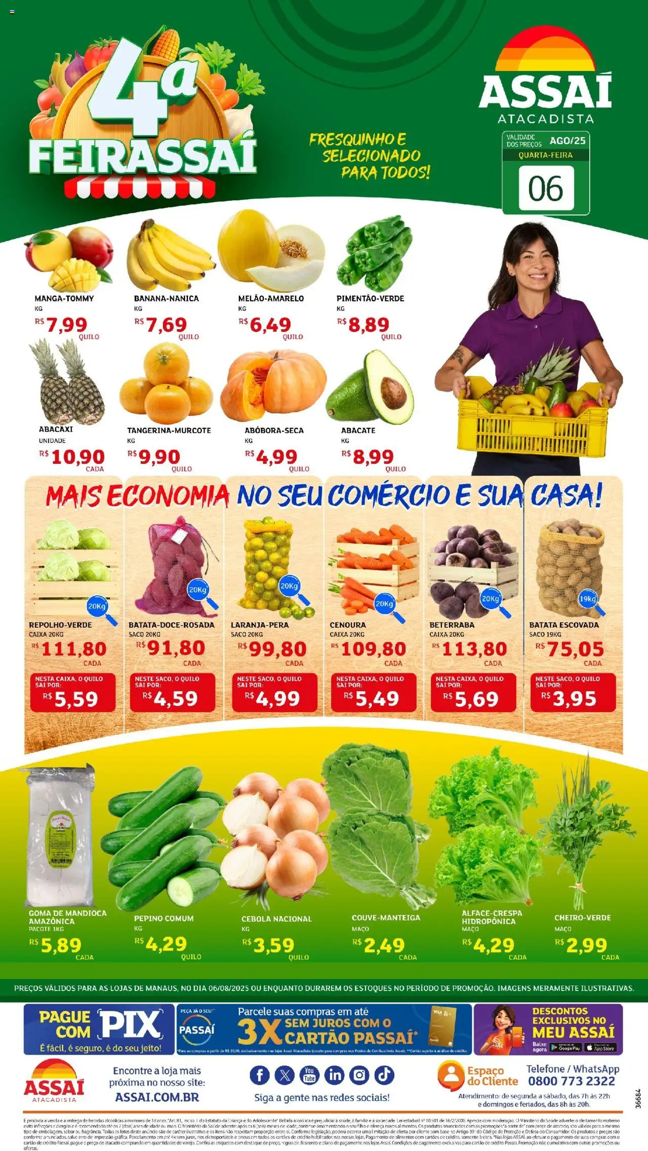 Assaí Atacadista folheto "Encarte - AM" válido a partir de 06/08/2025 - número de página 1 - Caixa, Telefone, Base, Batata, Cenoura, Mandioca, Cebola, Perca