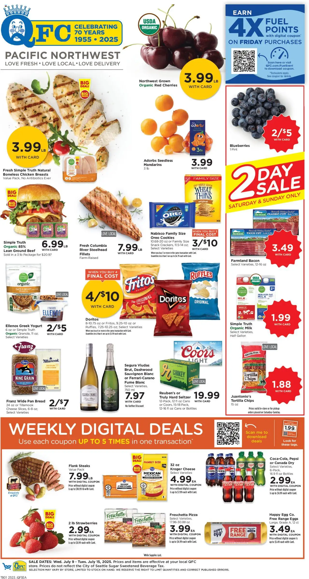 QFC Weekly Ad from 07/09/2025 - Flyer - Page number 1 - Honey, Cheese, Yogurt, Bread, Oreo, Chips, Sugar, Greek yogurt