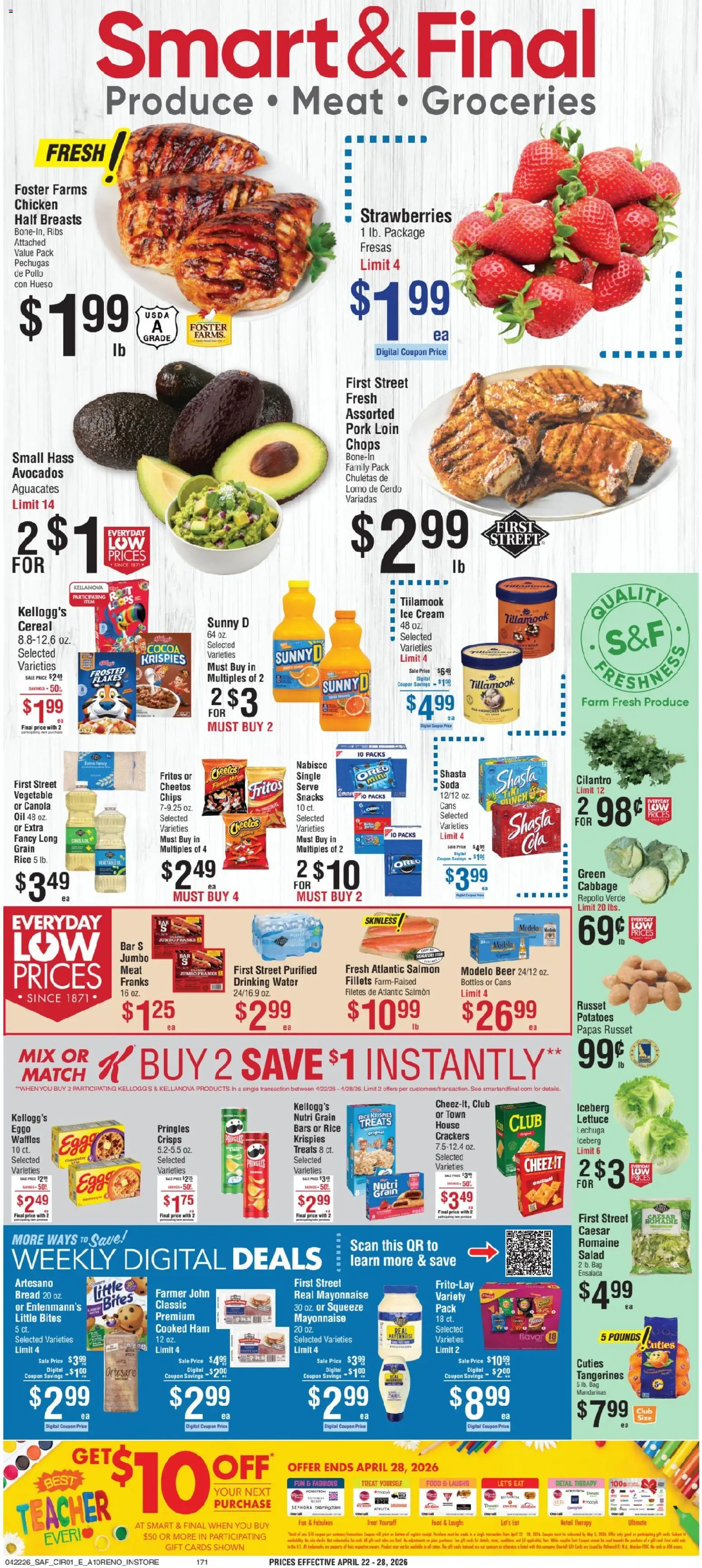Ad Preview of Smart & Final Smart & Final Weekly Ad from 04/22/2026 - Ice cream, Waffles, Ice, Chips, Strawberries, Oreo, Cabbage, Bag