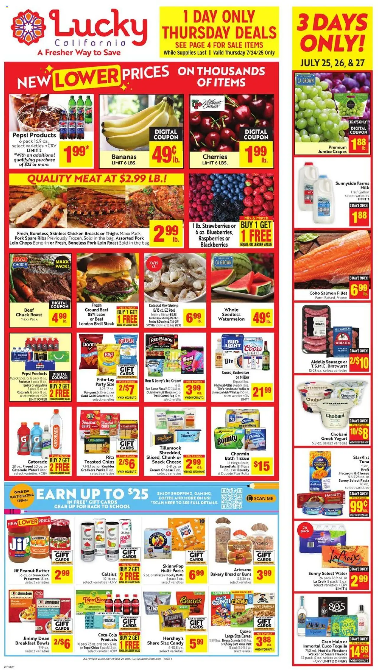 Lucky Supermarkets Weekly - CA from 07/23/2025 - Flyer - Page number 1 - Coffee, Pasta, Water, Raspberries, Bag, Bath, Pork loin, Jameson