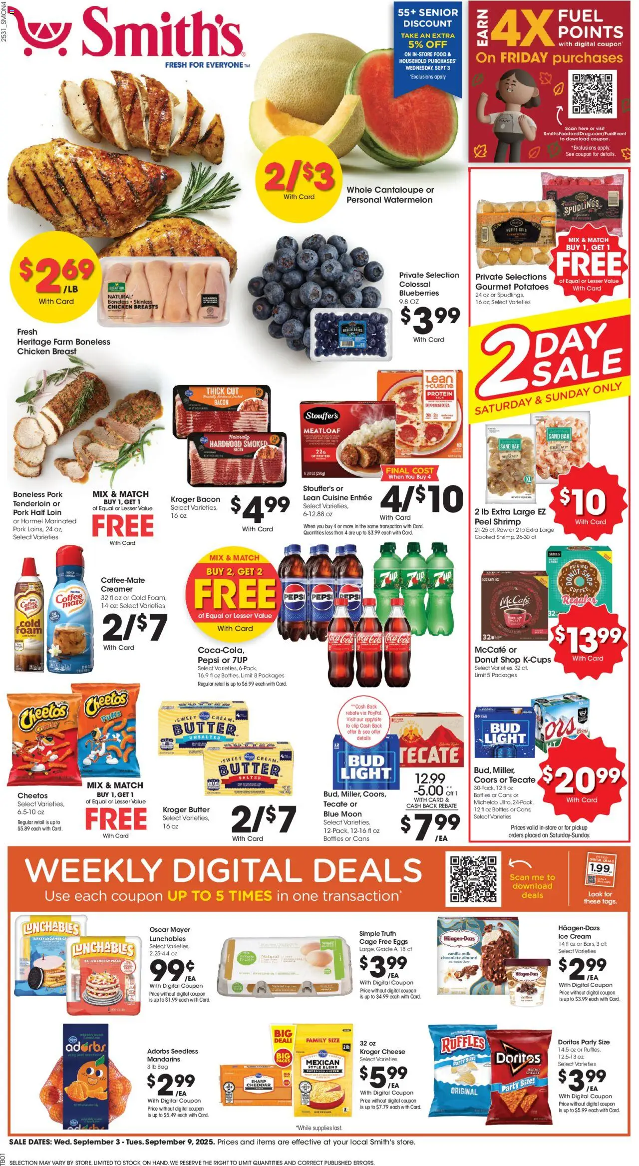 Smith's Weekly Ad from 09/03/2025 - Flyer - Page number 1 - Ice cream, Watermelon, Milk, Pepsi, Pork, Chicken breasts, Cream, Foam