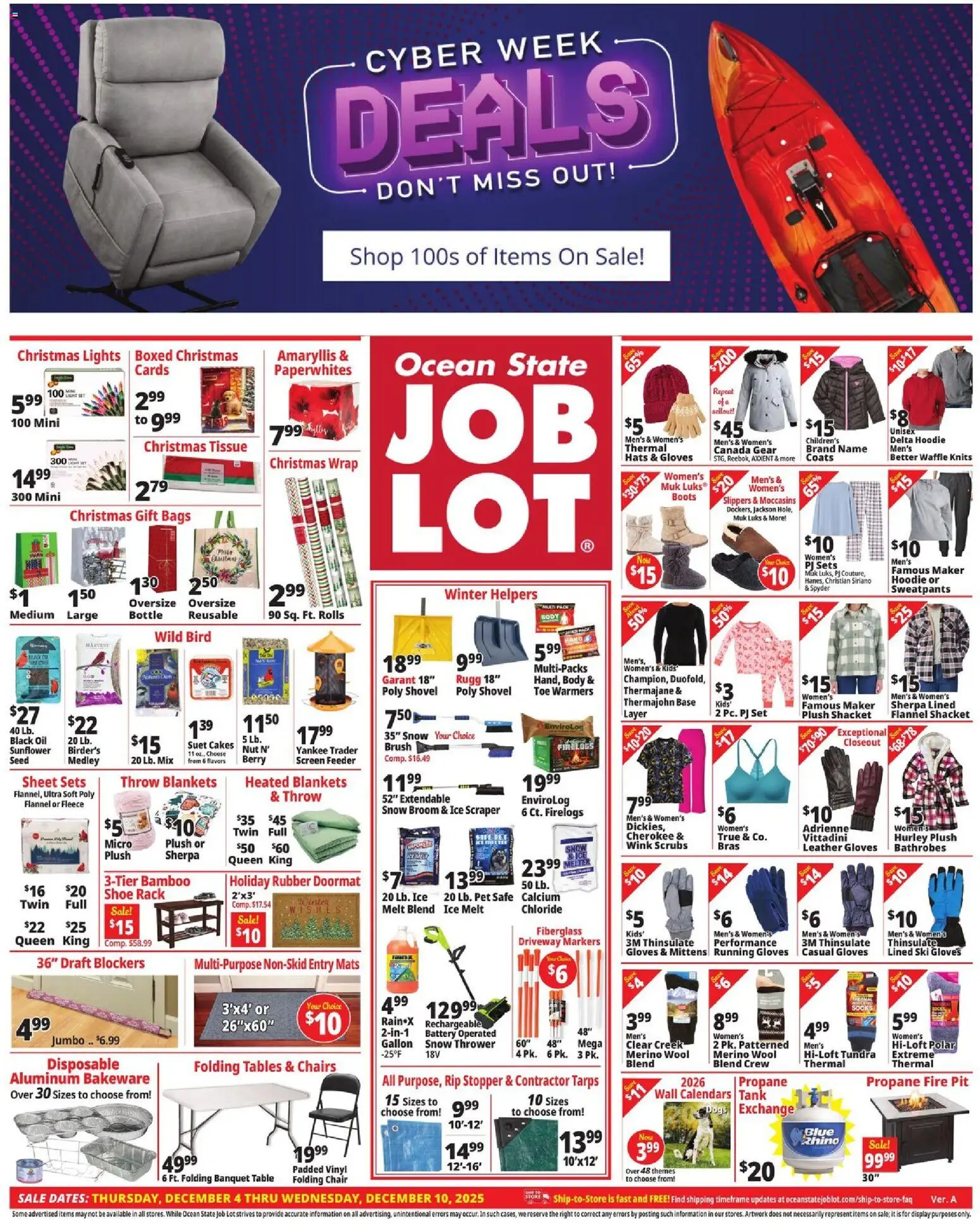 Ad Preview of Ocean State Job Lot Cyber Week from 12/04/2025 - Sheet, Boots, Safe, Oil, Slippers, Shovel, Brush, Table