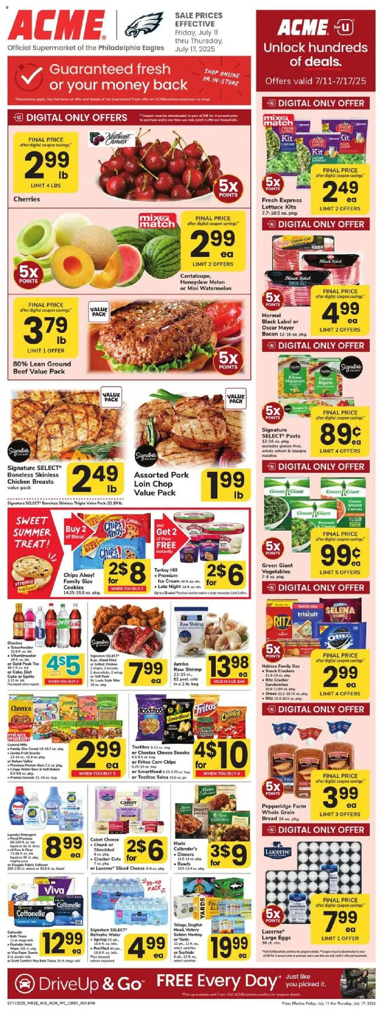 Acme Weekly Ad - PA from 07/11/2025 - Circular, Flyer - Page number 1 - Turkey, Pork, Tea, Bacon, Paper towels, Bag, Carrots, Mixer