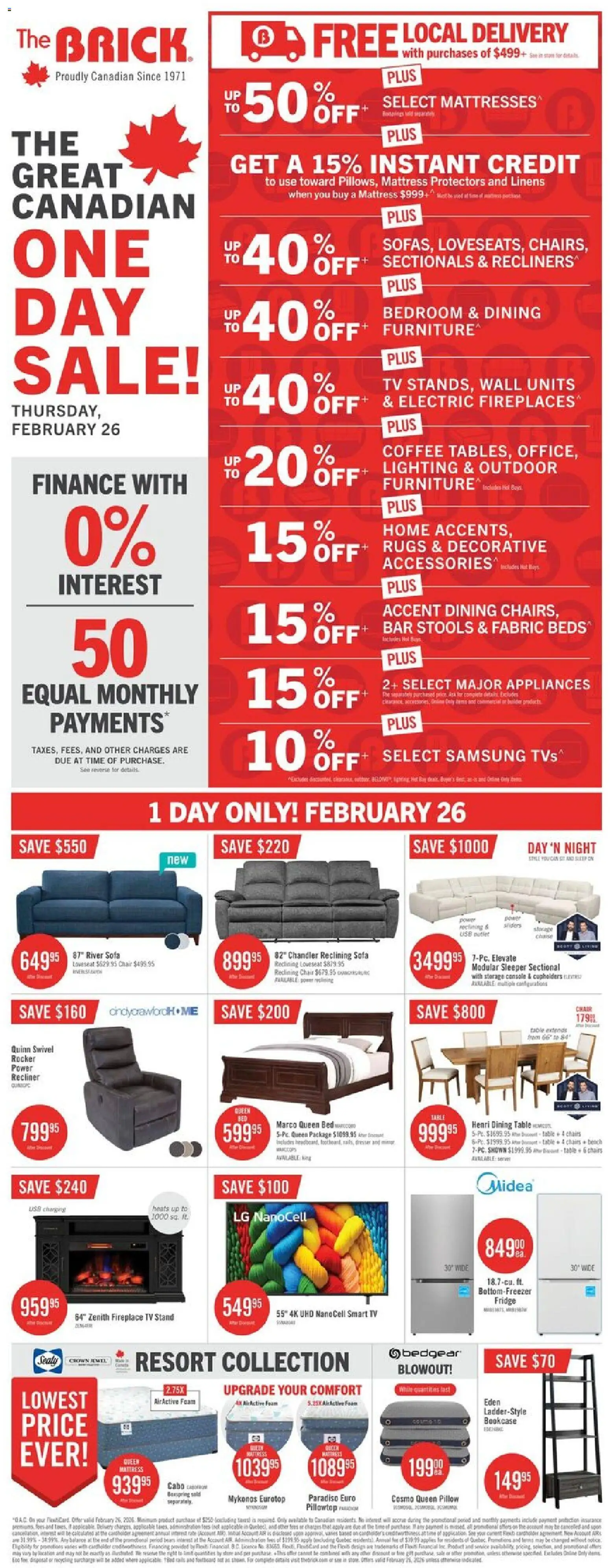 Preview of leaflet Flyer - One Day Sale from shop The Brick is valid from Feb 26, 2026 - Coffee, Tv, Mattress, Bed, Chair, Pillow, Lighting, Table