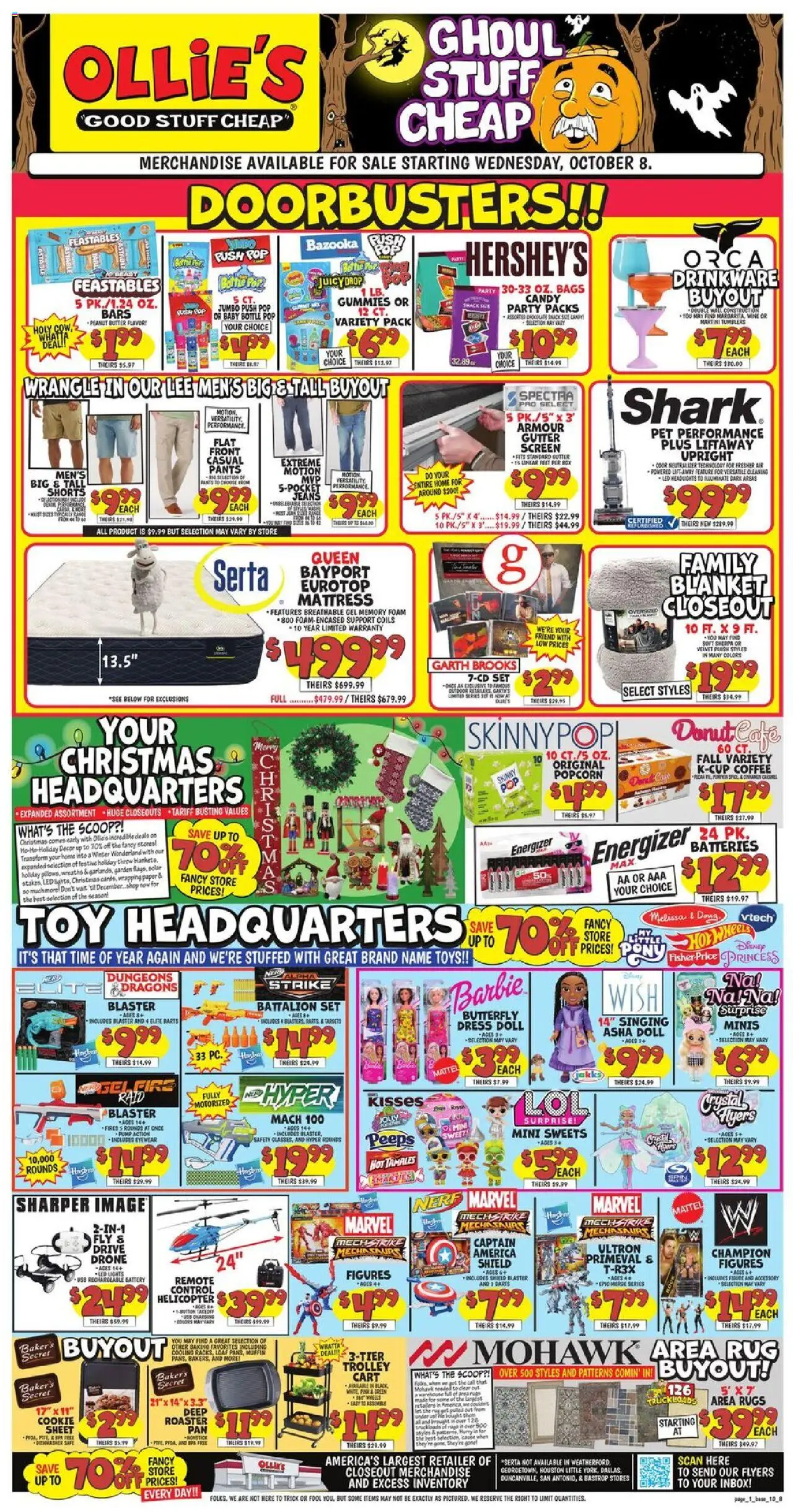 Ad Preview of Ollie's Weekly Ad from 10/08/2025 - Coffee, Box, Candy, Dress, Battery, Blanket, Pants, Wrapping paper