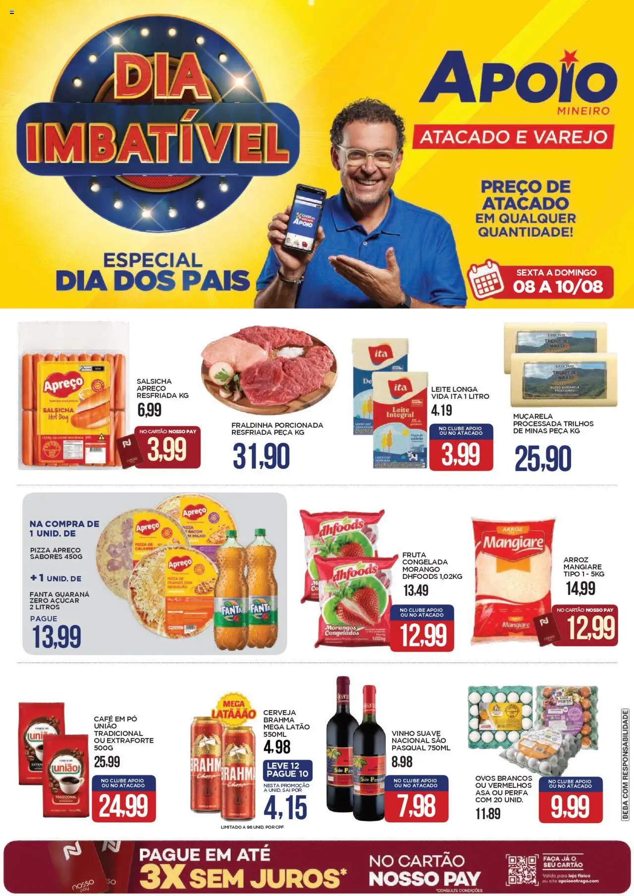 Apoio Mineiro folheto "Ofertas FDS" válido a partir de 08/08/2025 - número de página 1 - Café, Pizza, Ovos, Leite, Frango, Açúcar, Bacon, Faca