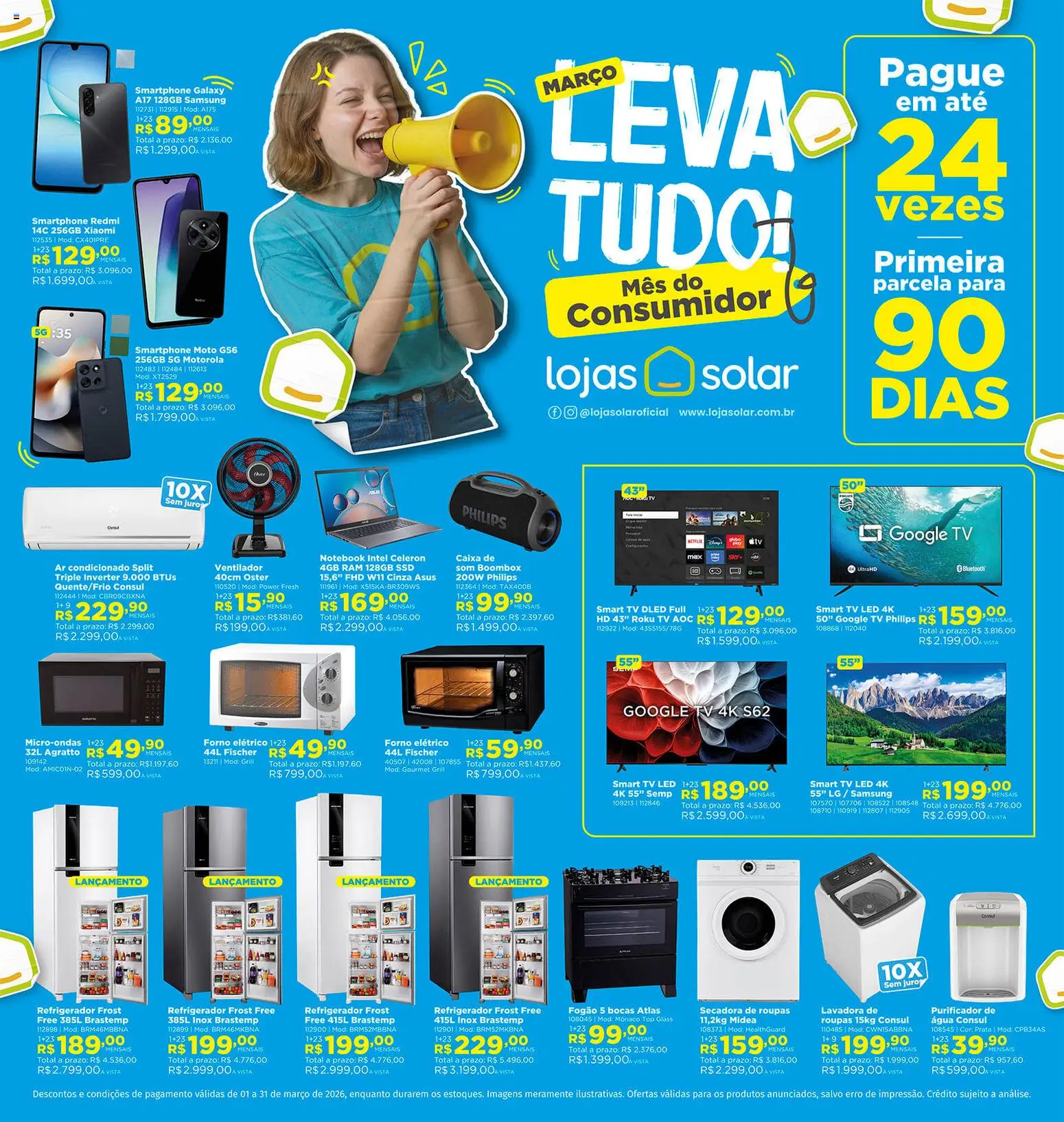Pré-Visualização do folheto "Lojas Solar - Ofertas atuais" da loja Lojas Solar válido a partir de 01/03/2026 - Microondas, Ventilador, Fogão, Fogão 5 bocas, Secadora de roupas, Refrigerador, Forno, Purificador