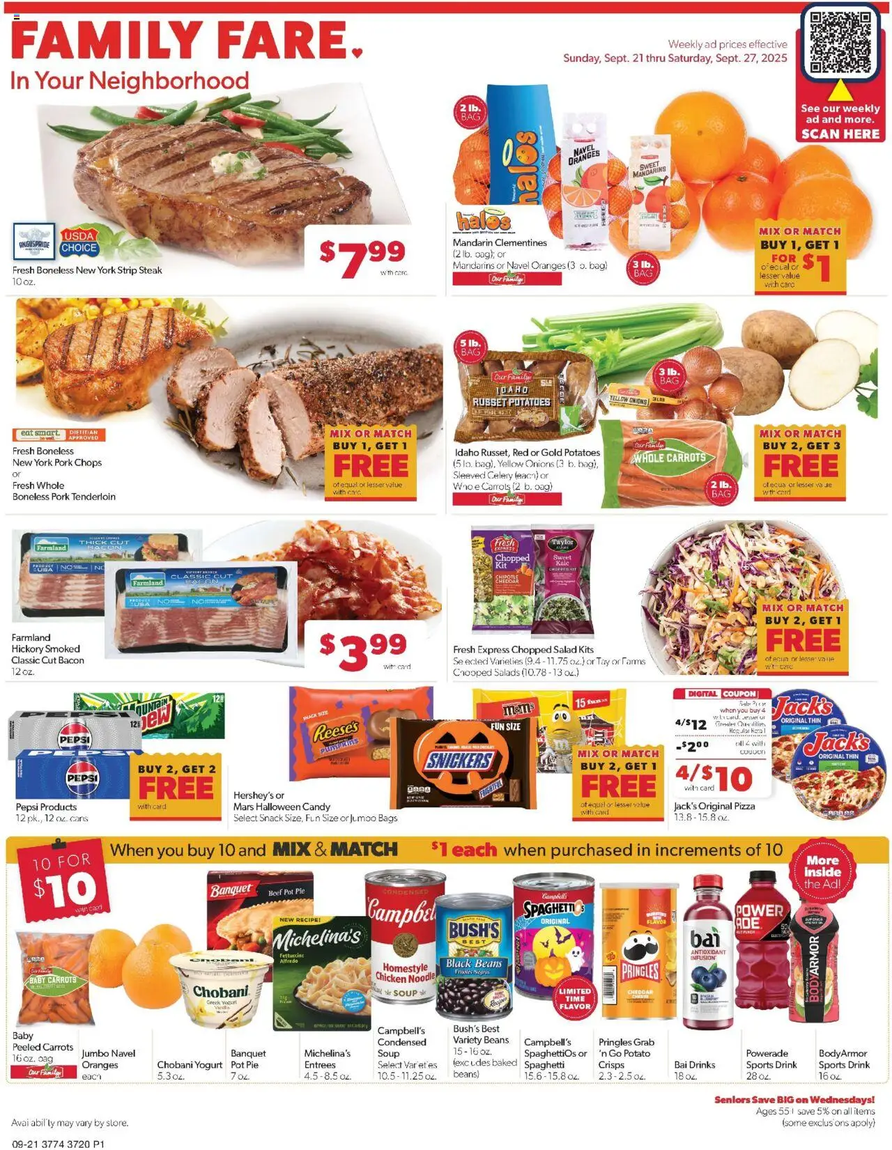 Family Fare Weekly Ad - NE from 09/21/2025 - Flyer - Page number 1 - Pizza, Steak, Pepsi, Greek yogurt, Kale, Snickers, Cheddar cheese, Caro