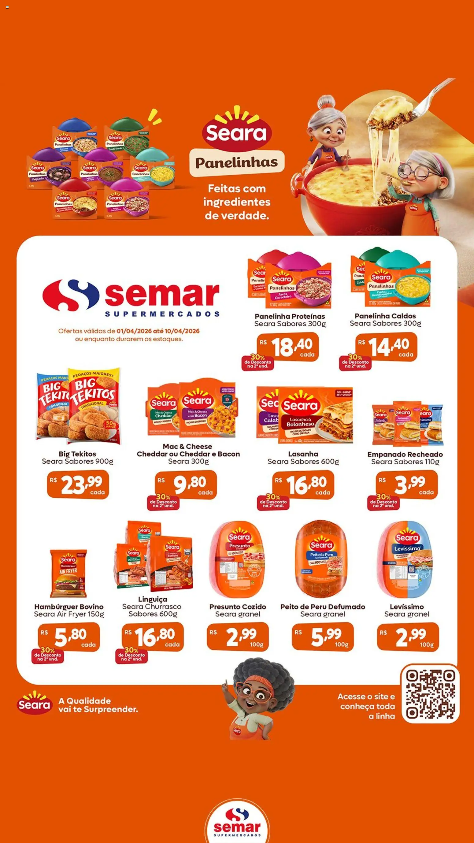 Pré-Visualização do folheto "Semar Supermercado ofertas Seara" da loja Semar Supermercado válido a partir de 01/04/2026 - Air fryer, Lasanha, Arroz, Bacon, Linguiça, Presunto, Mandioquinha, Peito de peru