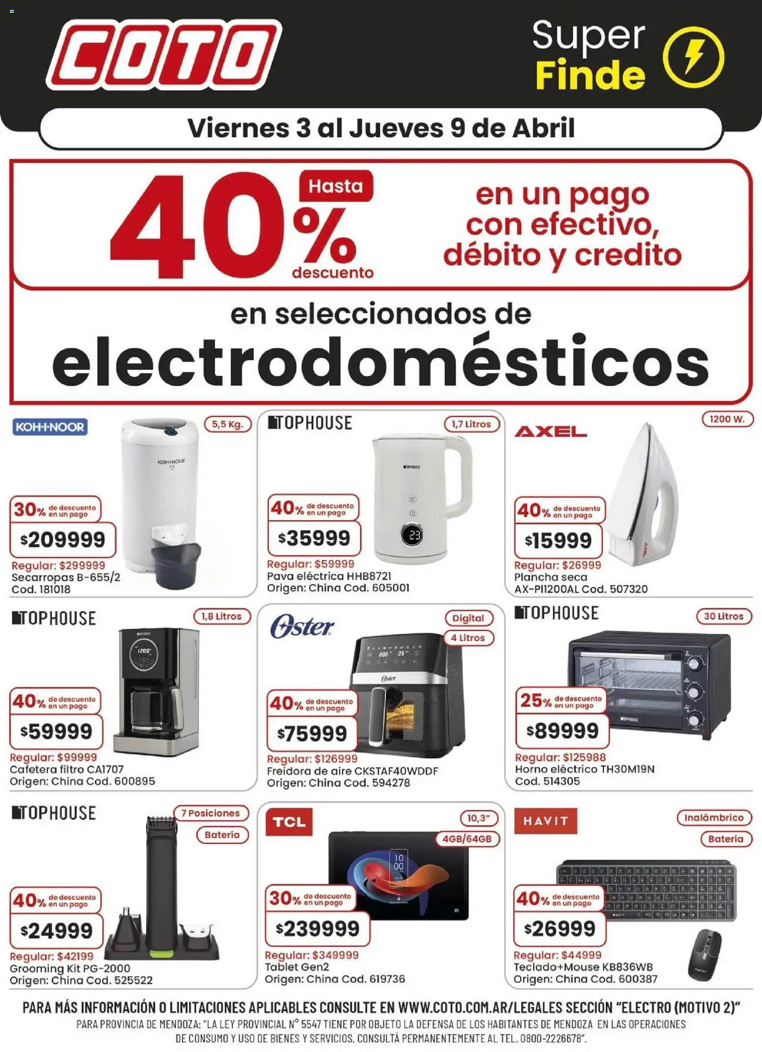 Vista previa del folleto de la tienda Coto válido desde el 03/04/2026 - Batería, Tablet, Horno eléctrico, Cafetera, Secarropas, Horno, Plancha, Pava