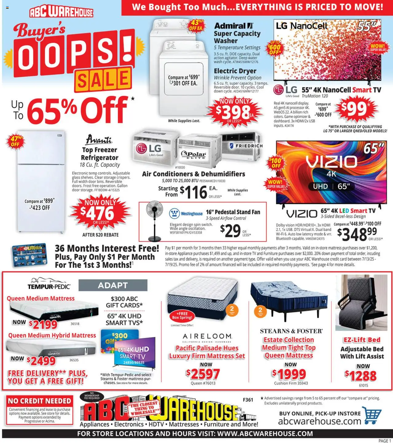 ABC Warehouse Weekly Ad from 07/13/2025 - Flyer - Page number 1 - Bed, Box, Cushion, Tv, Washer, Refrigerator, Dryer, Fan