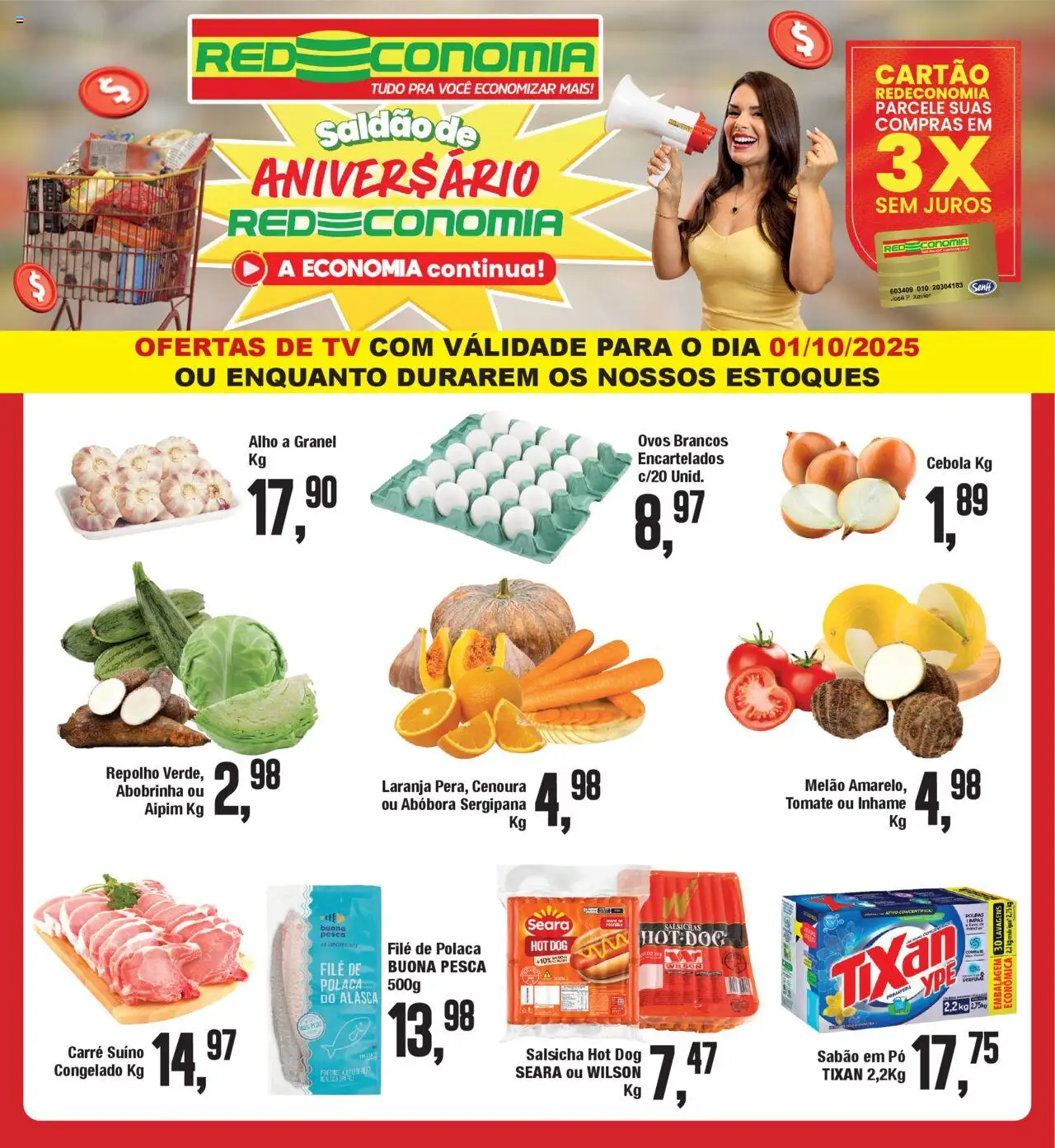 RedEconomia folheto "Encarte" válido a partir de 01/10/2025 - número de página 1 - Inhame, Salsicha, Ovos, Abóbora, Cenoura, Sabão em pó, Aipim, Cebola