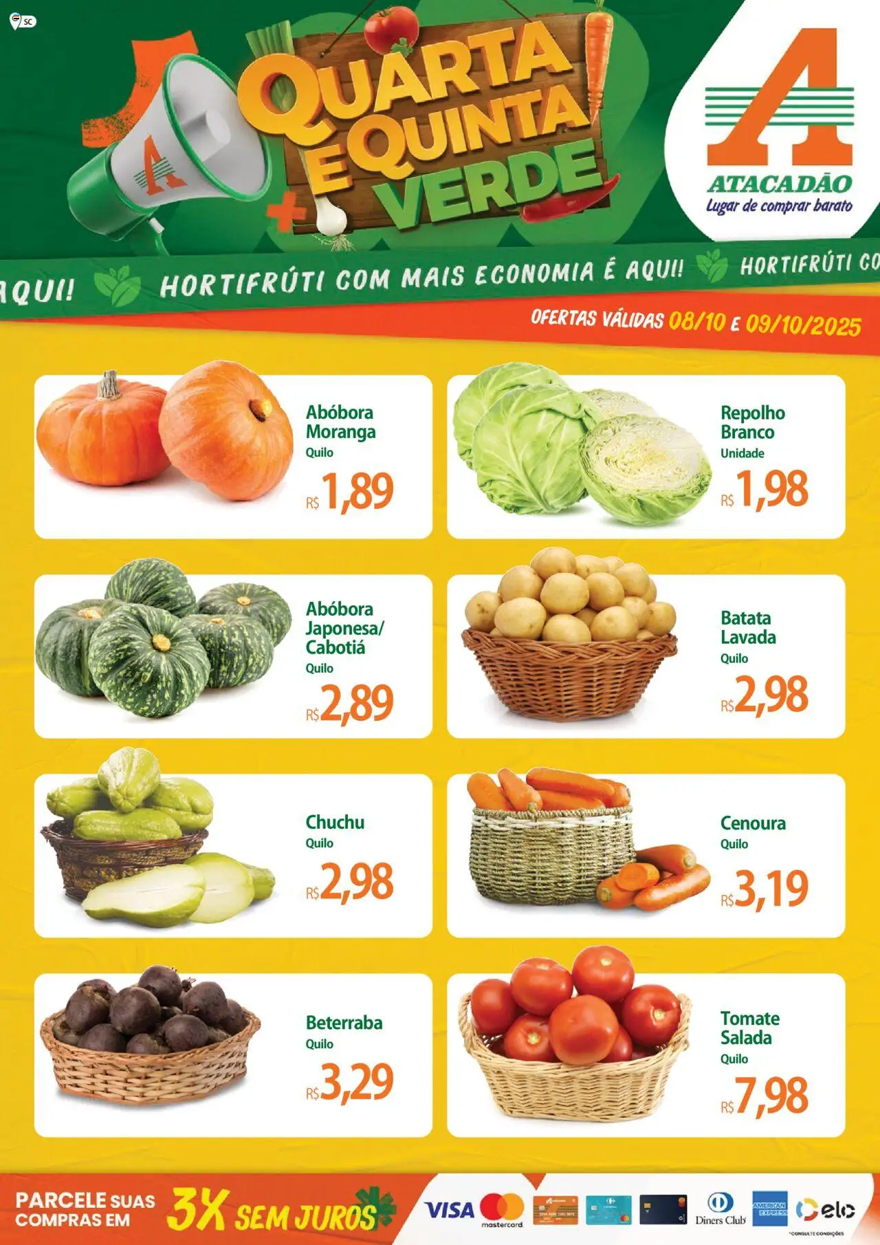 Pré-Visualização do folheto "Ofertas - SC" da loja Atacadão válido a partir de 08/10/2025 - Moranga, Chuchu, Abóbora, Beterraba, Tomate, Cenoura, Salada, Repolho