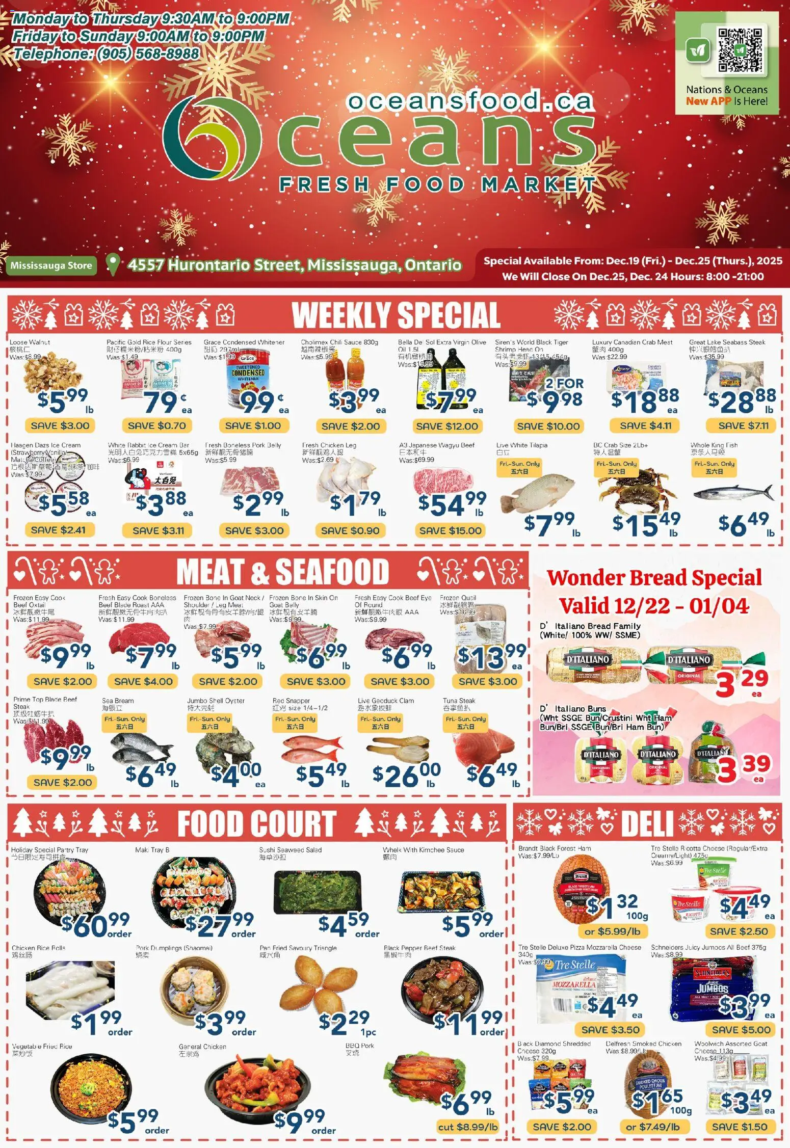 Preview of leaflet Weekly Flyer - Mississauga from shop Oceans is valid from Dec 19, 2025 - Chicken, Salad, Meat, Shrimp, Rice, Tilapia, Mozzarella, Tuna steak