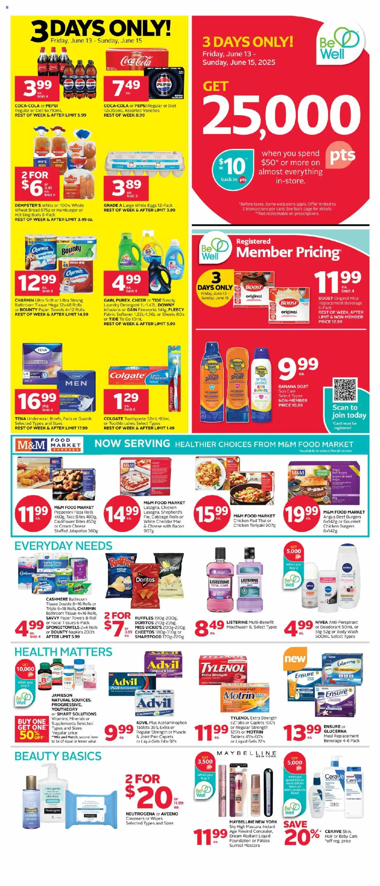 Rexall flyer valid from Jun 13, 2025 - page number 1 - Bacon, Cabbage, Body wash, Antiperspirant, Mouthwash, Food, Cheese, Pizza