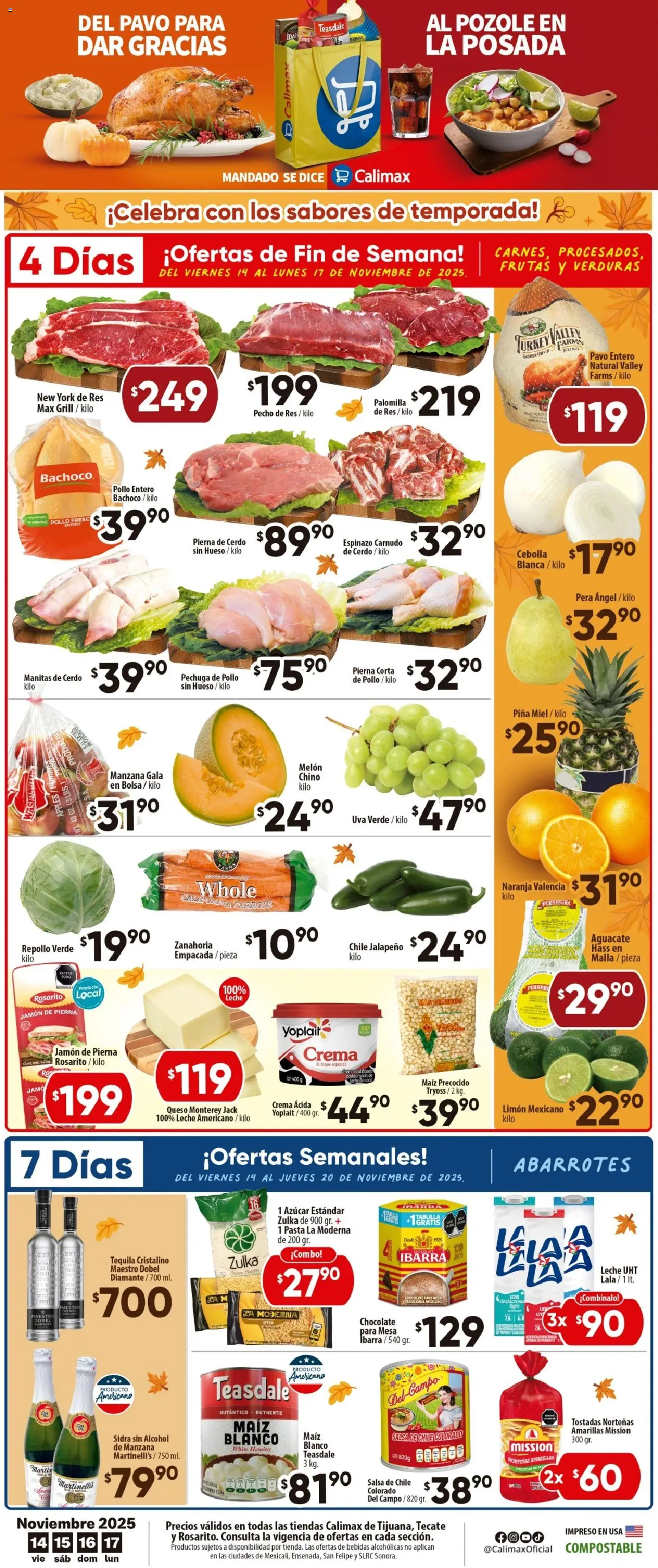 Vista previa las ofertas de la tienda Calimax - Folleto Rosarito desde el 14/11/2025 - Maíz, Leche, Queso, Tostadas, Pera, Cerdo, Sidra, Repollo