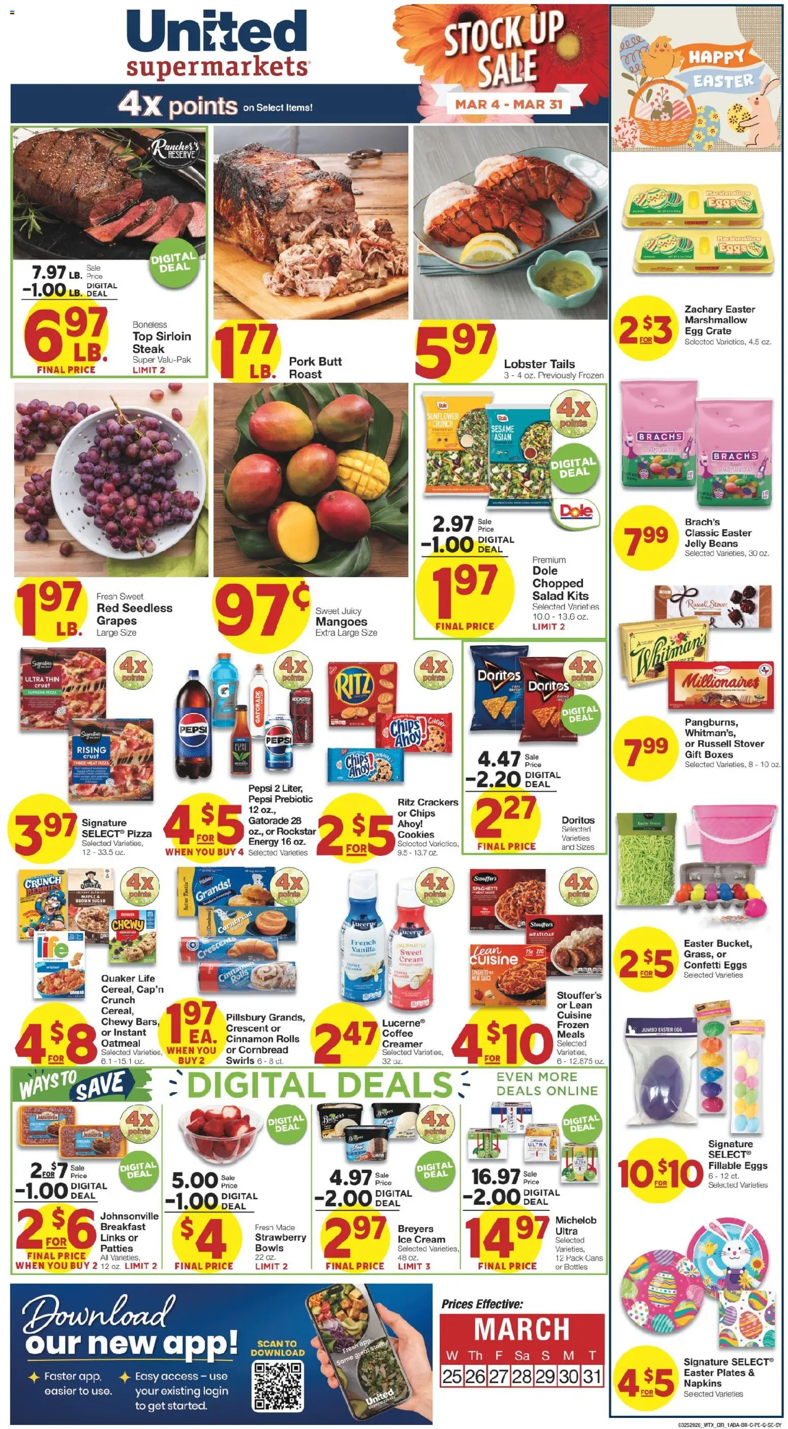 Ad Preview of United Supermarkets United Supermarkets Weekly Ad from 03/25/2026 - Ice cream, Eggs, Chips, Sugar, Grapes, Cream, Sesame, Pork butt