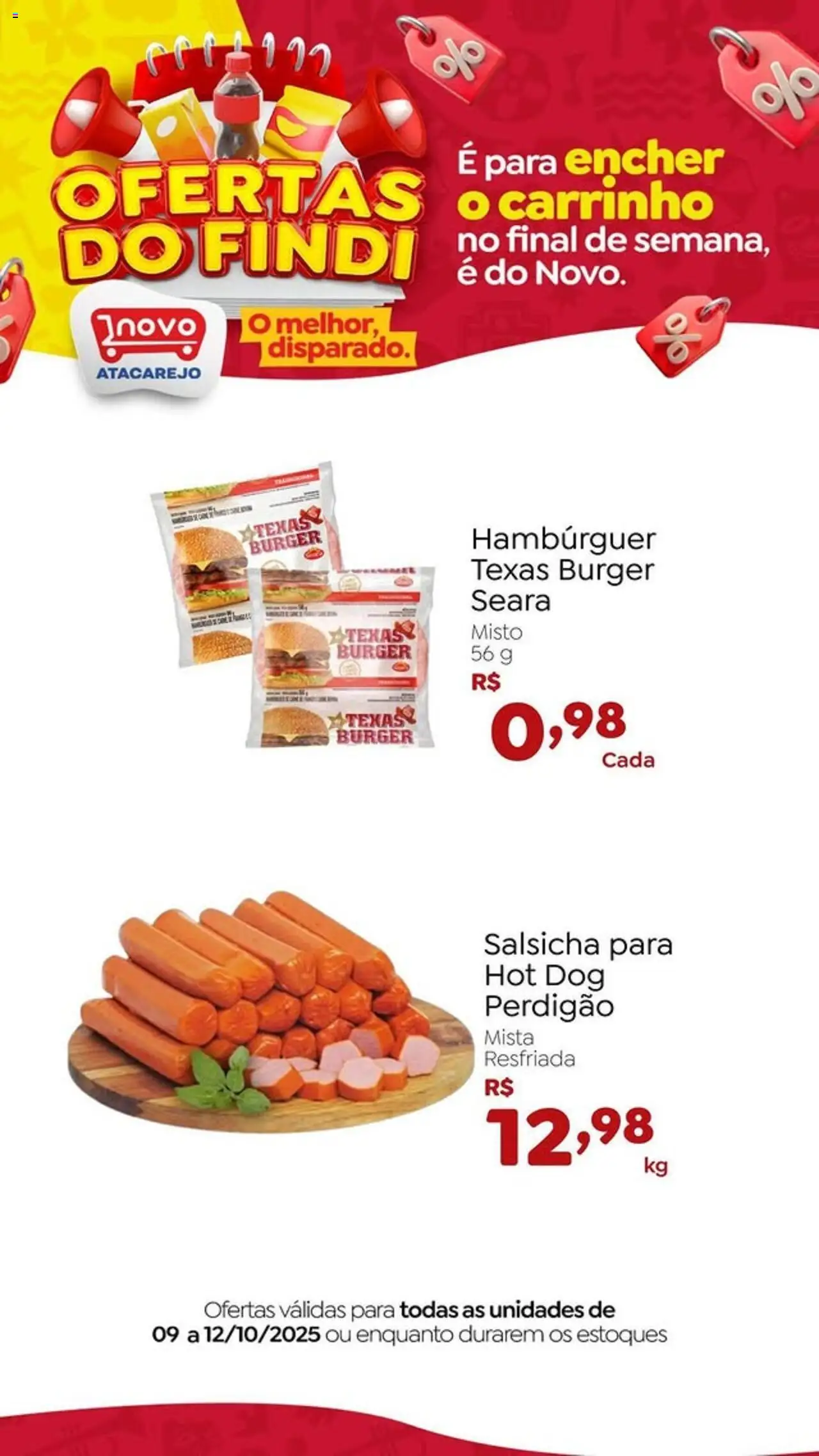 Novo Atacarejo folheto "Ofertas do Findi" válido a partir de 09/10/2025 - número de página 1 - Hambúrguer, Salsicha, Carrinho