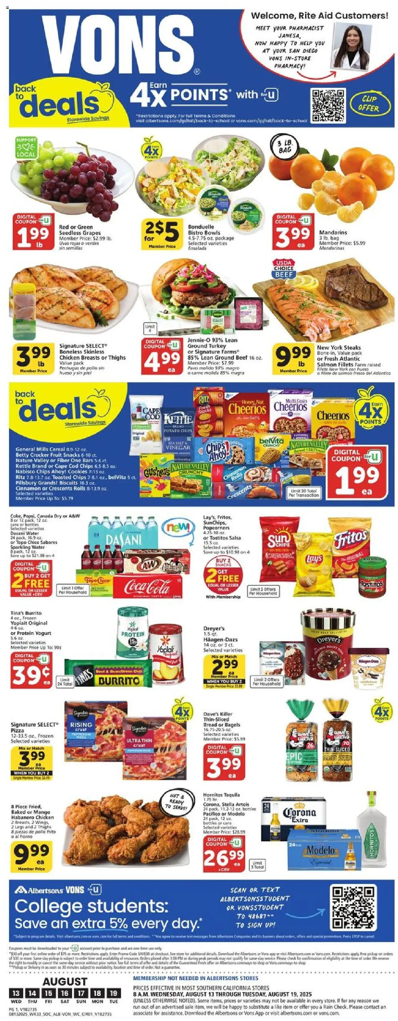 Vons Weekly Ad from 08/13/2025 - Flyer - Page number 1 - Cookies, Turkey, Tequila, Chips, Bag, Vinegar, Press, Kettle