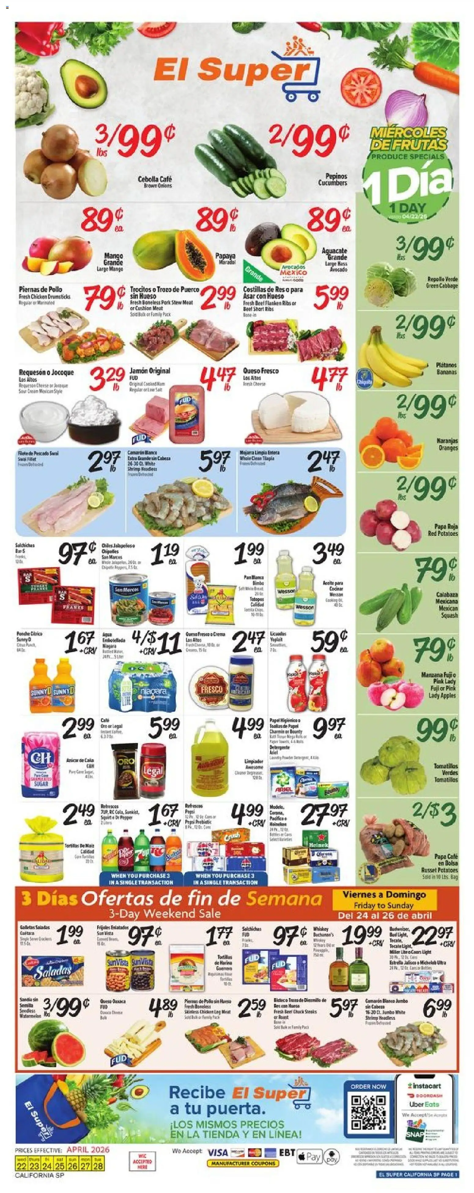 Ad Preview of El Super El Super Weekly Ad from 04/22/2026 - Apples, Mango, Beet, Pan, Cucumbers, Whiskey, Pork, Chicken