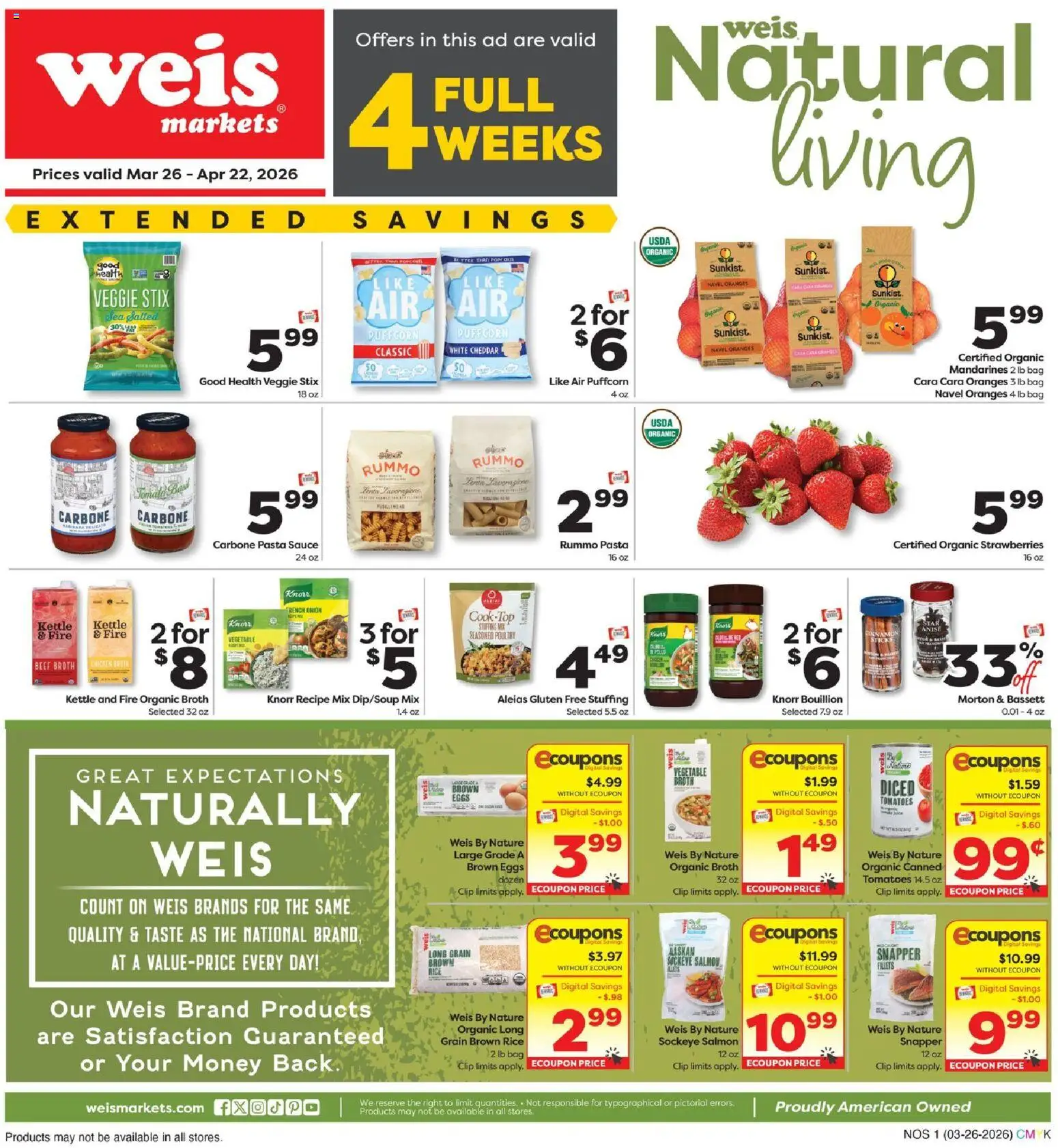Ad Preview of Weis Weis Natural Living from 03/26/2026 - Pasta, Eggs, Salmon, Tomatoes, Onion, Beef, Kettle, Cooktop