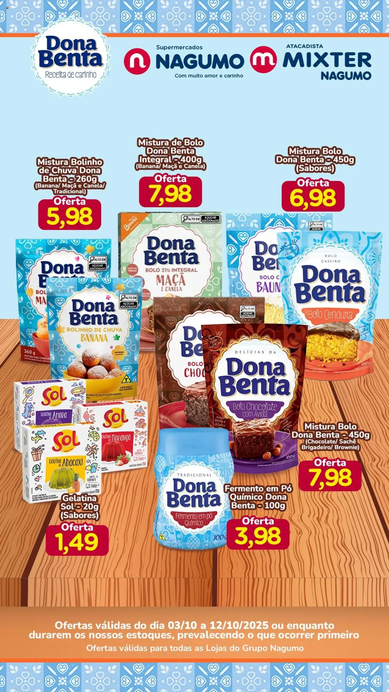 Nagumo folheto "Ofertas Dona Benta" válido a partir de 03/10/2025 - número de página 1 - Bolo, Abacaxi, Canela, Cenoura, Açúcar, Gelatina, Pó, Avelã