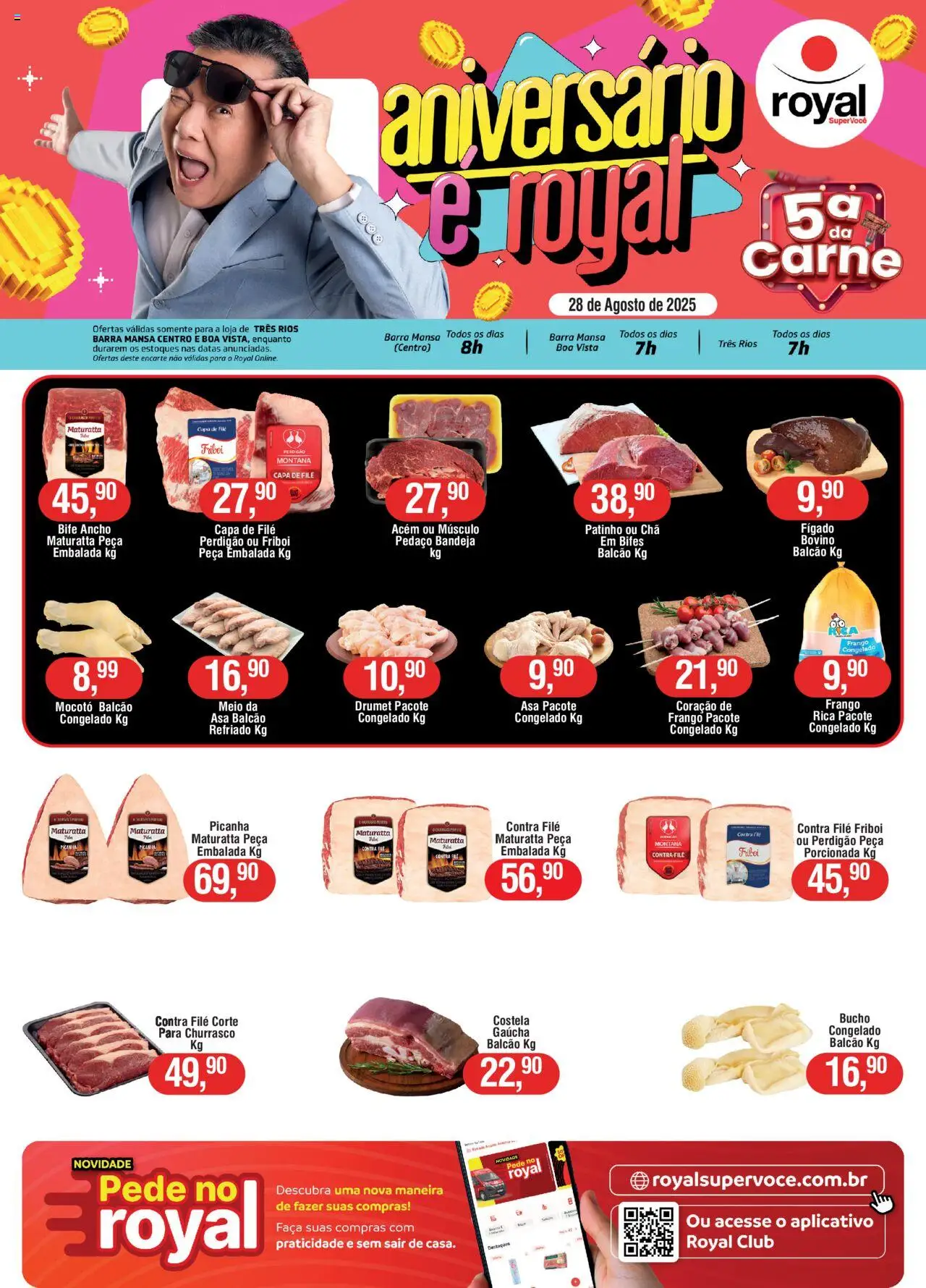 Royal Supermercados folheto "Ofertas Carne" válido a partir de 28/08/2025 - número de página 1 - Picanha, Carne, Frango, Chá, Bandeja, Contra filé, Coração de frango, Faca
