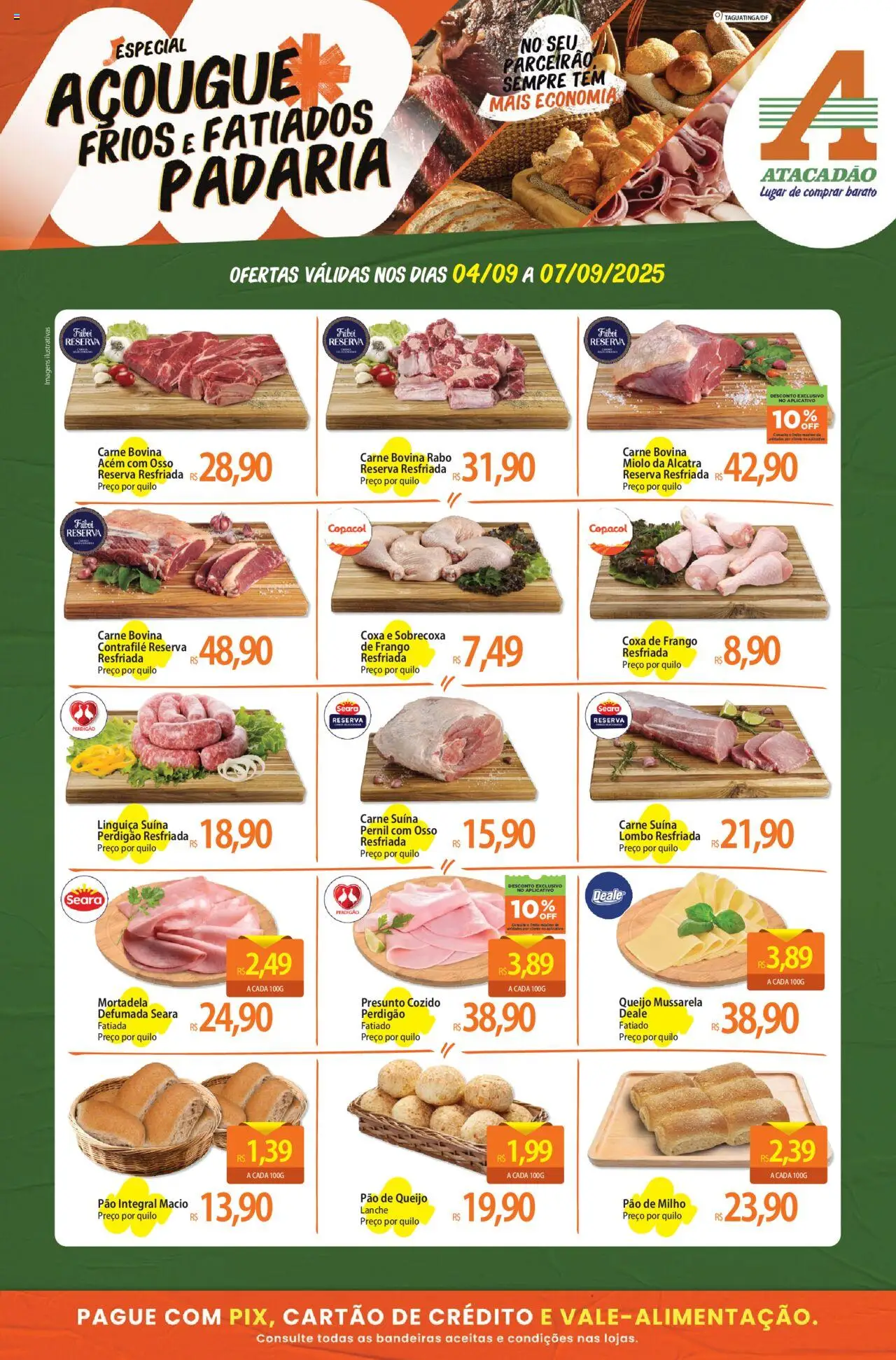 Atacadão folheto "Ofertas - DF" válido a partir de 04/09/2025 - número de página 1 - Pão, Frango, Mussarela, Milho, Mortadela, Pernil, Lombo, Acém